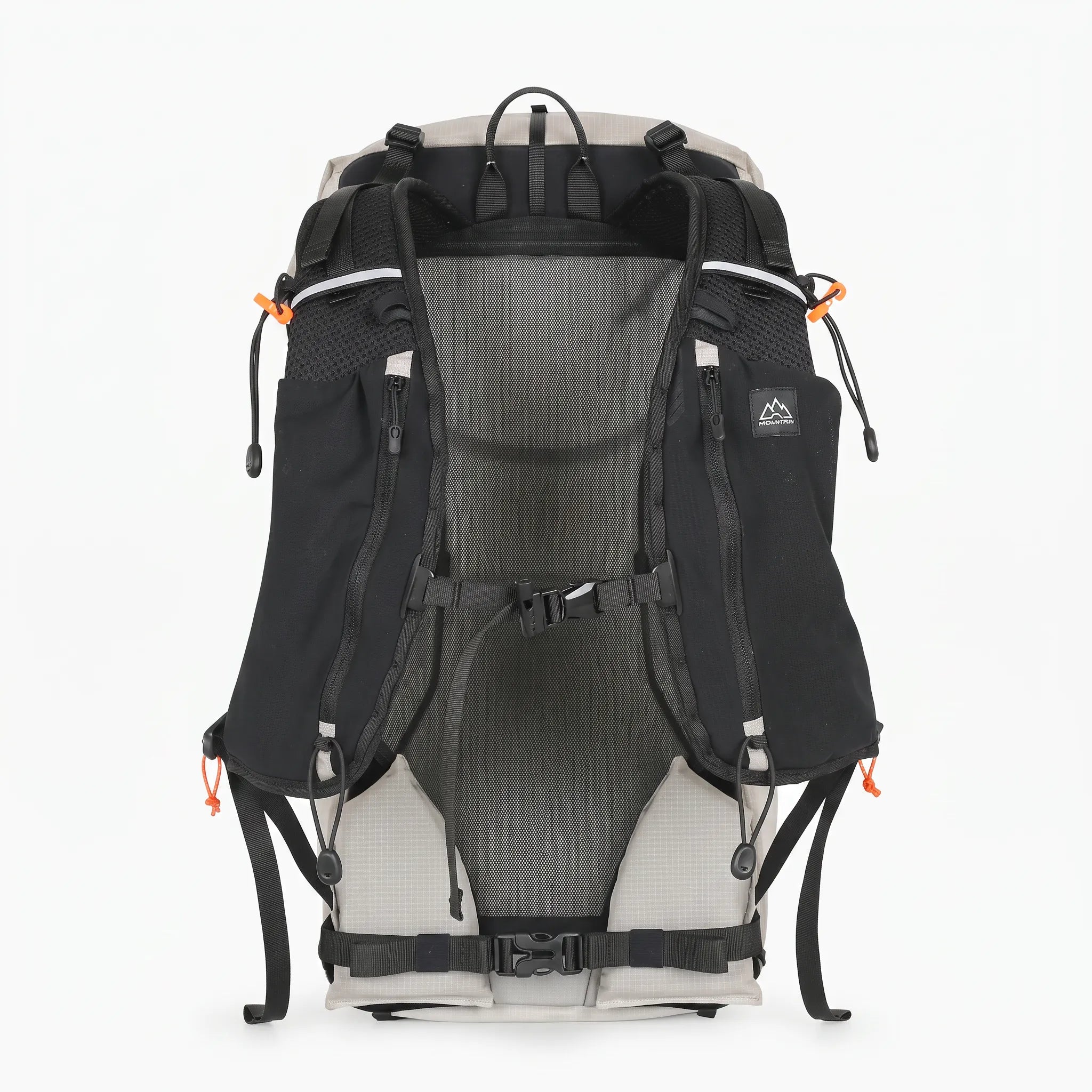 Back view of the gray Outdoor Inoxto 25L lightweight hiking backpack showing padded shoulder straps, breathable mesh back panel, chest strap, and hip belt.