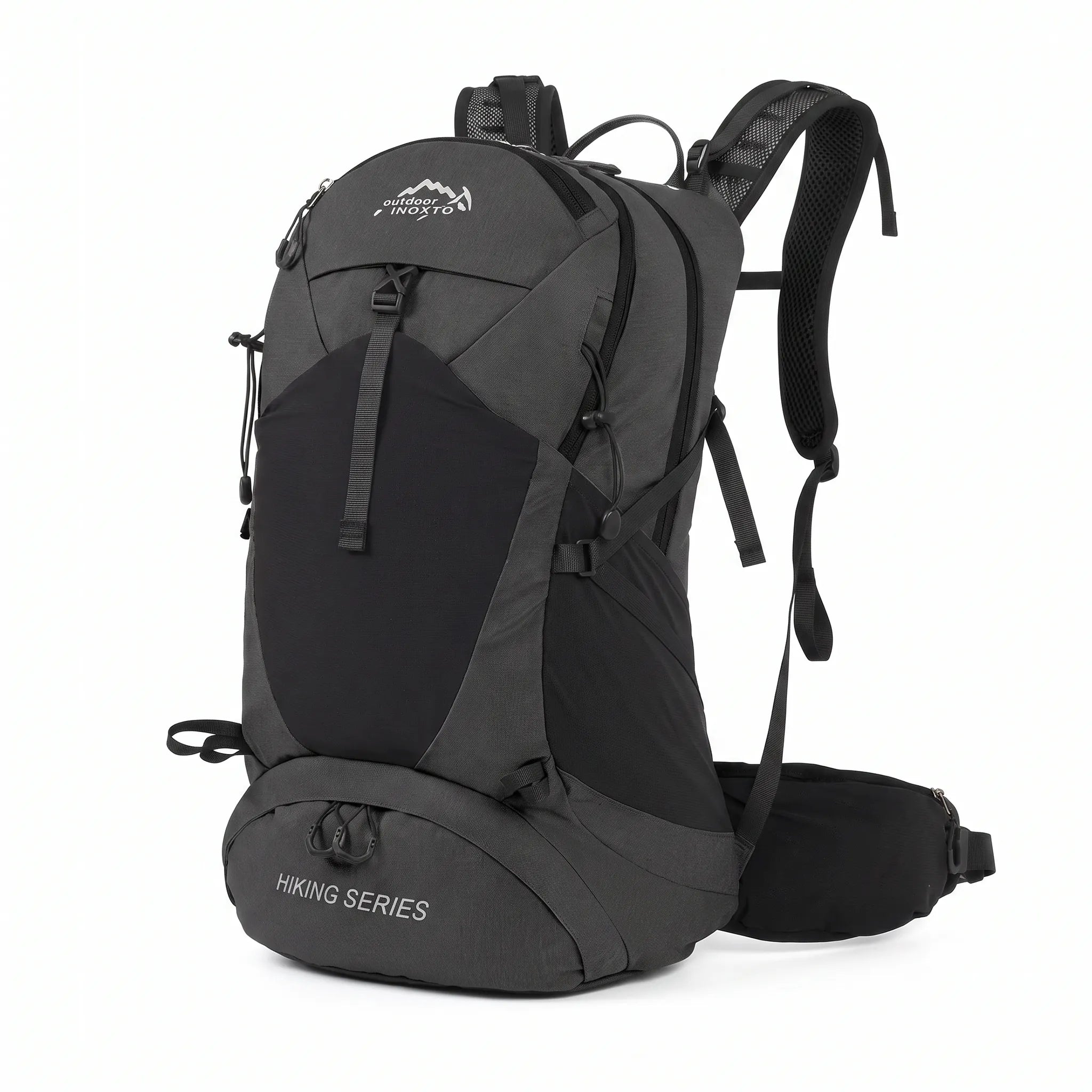 Black Outdoor Inoxto 35L waterproof hiking backpack with padded shoulder straps, front storage pocket, and supportive hip belt.