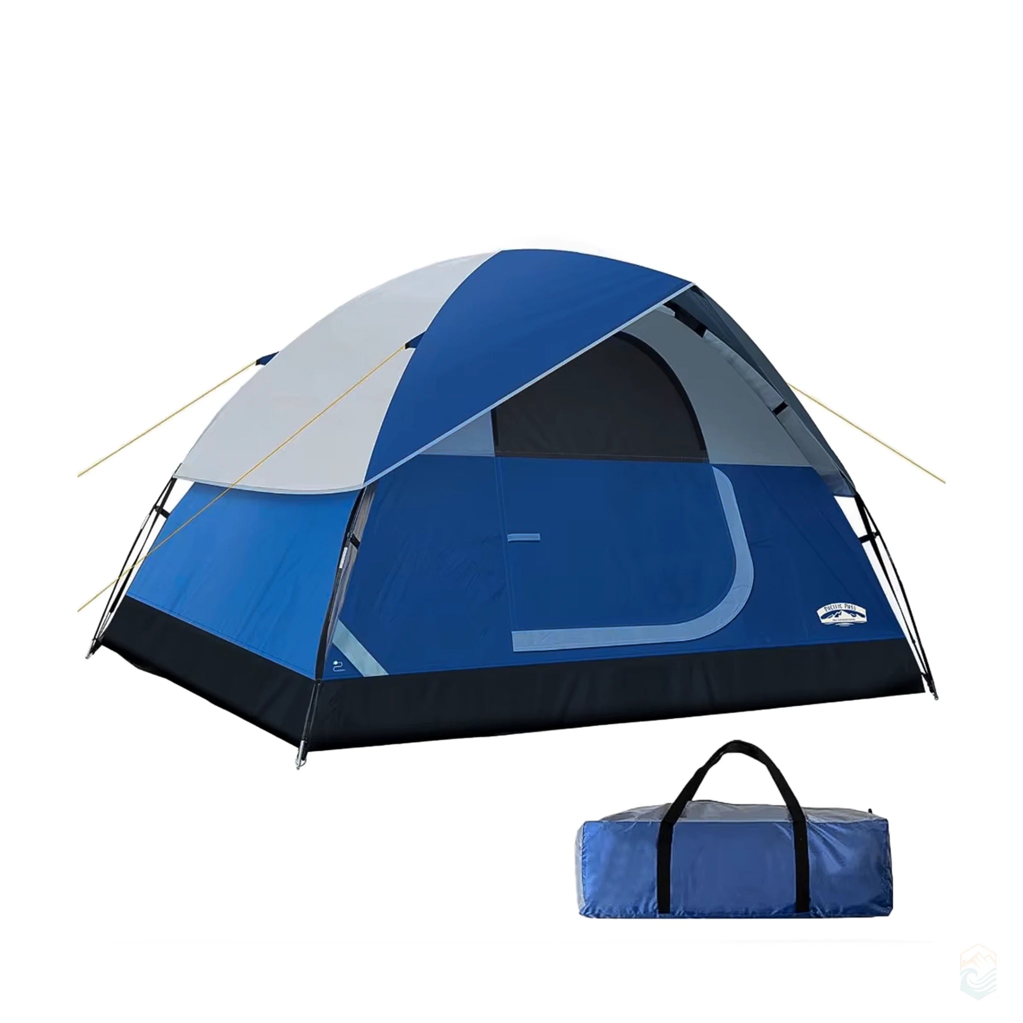 Pacific Pass 4-person dome tent in blue and gray shown fully assembled with rain fly, includes matching blue zippered carry bag with black handles