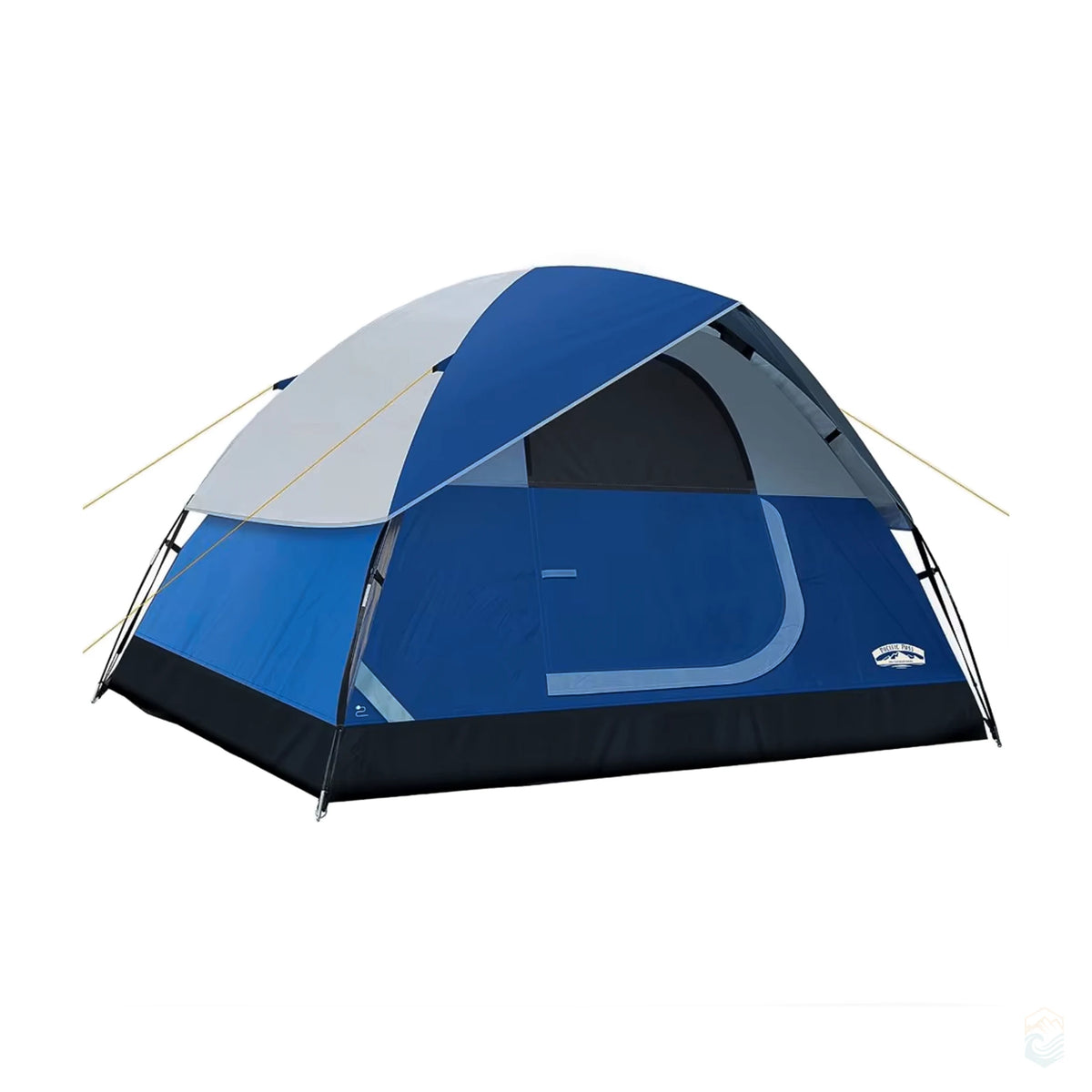 Pacific Pass 4-person lightweight dome tent in blue and gray with removable rain fly, shown fully set up with guy lines extended for stability