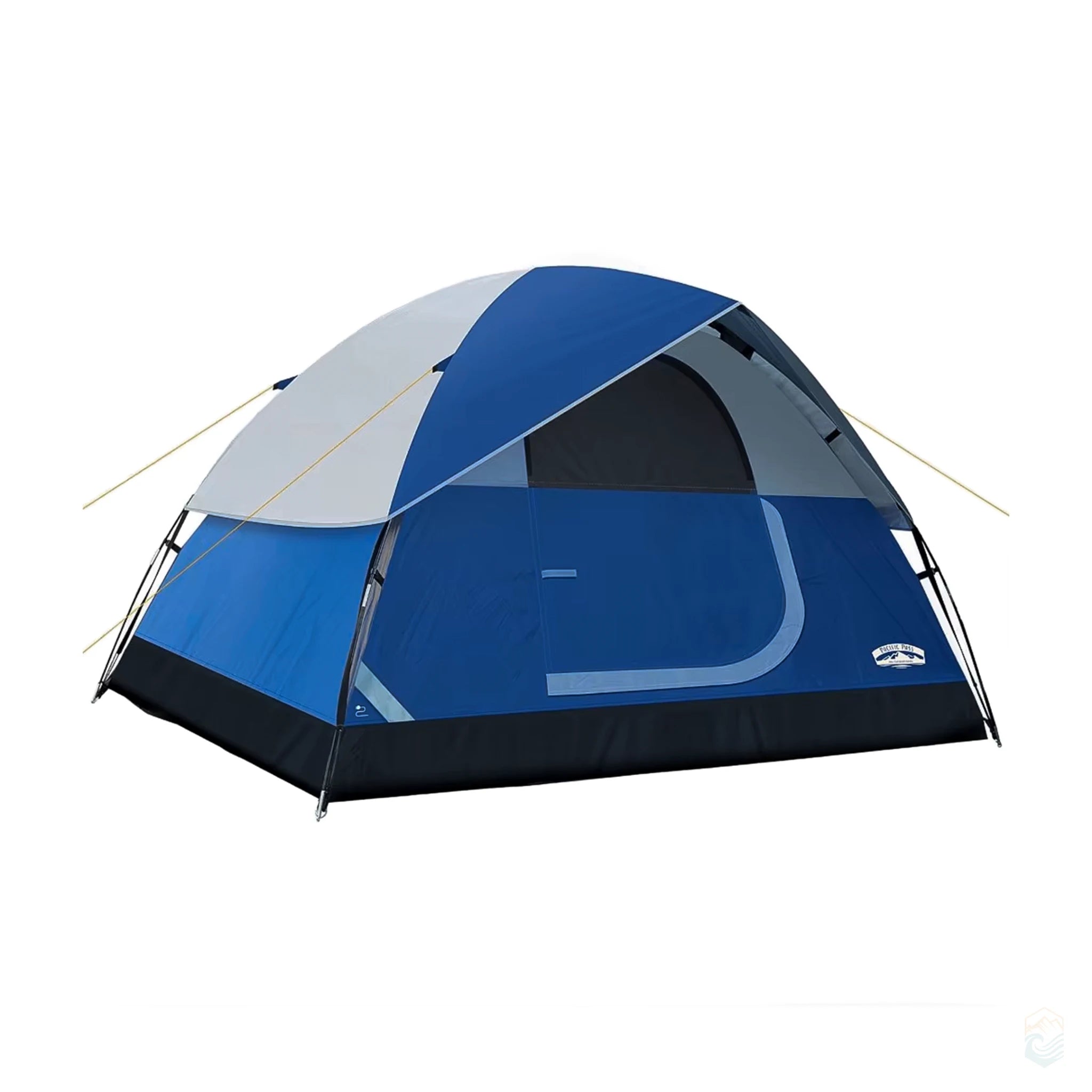 Pacific Pass 4-person lightweight dome tent in blue and gray with removable rain fly, shown fully set up with guy lines extended for stability