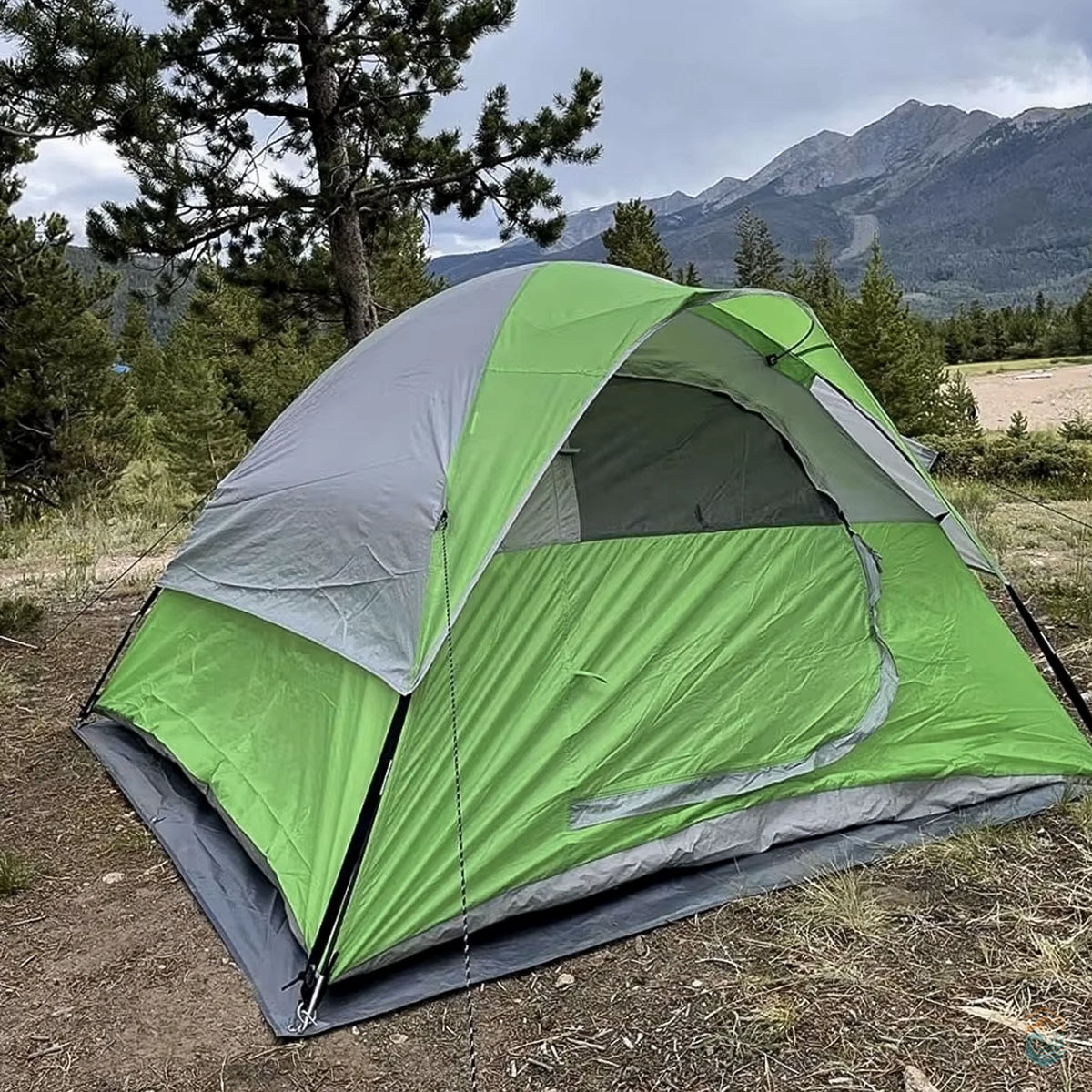Pacific Pass 4 person green dome tent fully set up on a forested mountain campsite with trees and distant peaks in the background