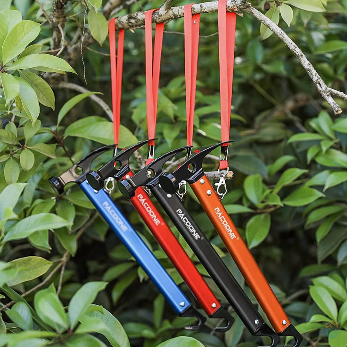 Set of four Pacoone camping hammer multi-tools in blue, red, black, and orange hanging by red wrist straps from a tree branch, displayed against lush green foliage