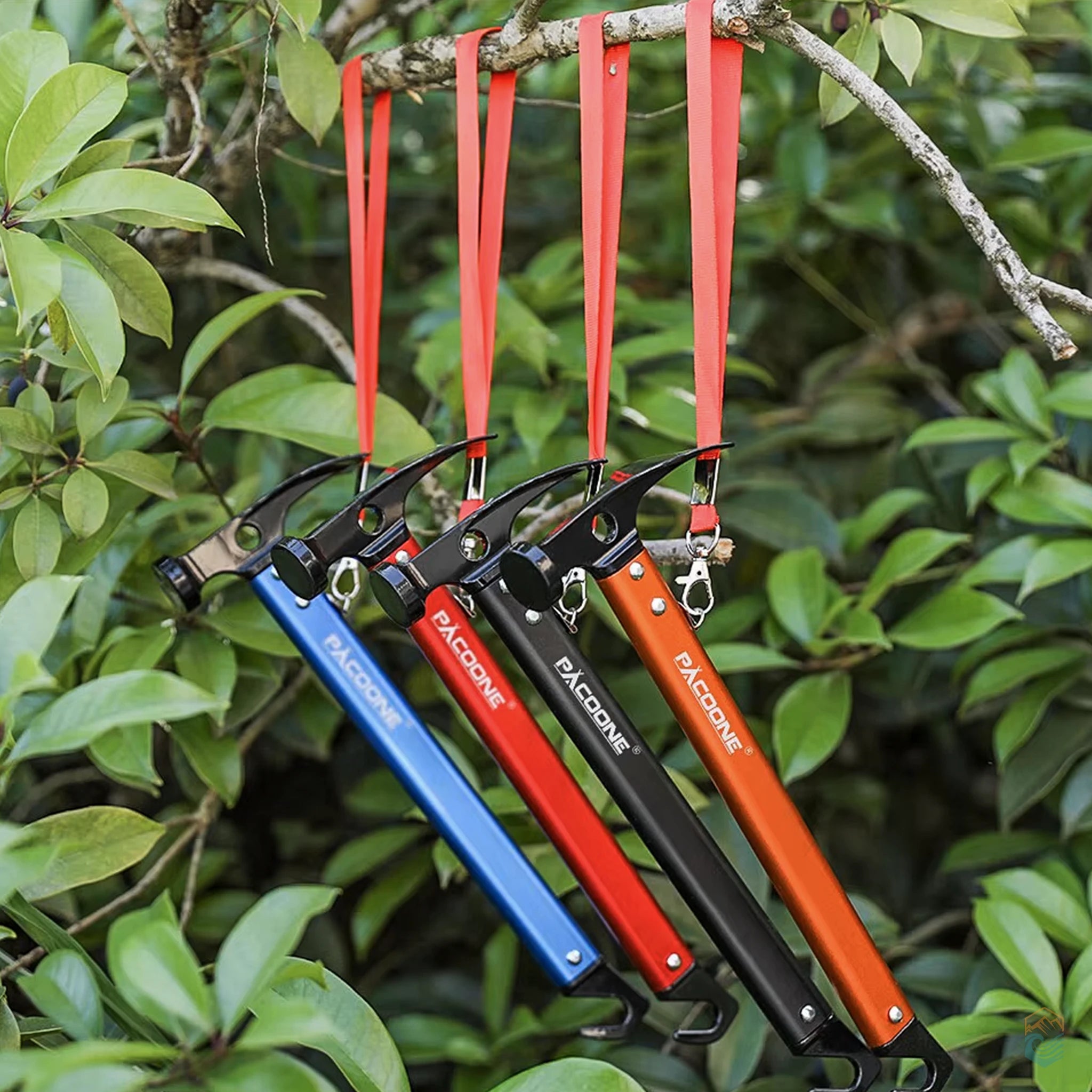 Set of four Pacoone camping hammer multi-tools in blue, red, black, and orange hanging by red wrist straps from a tree branch, displayed against lush green foliage