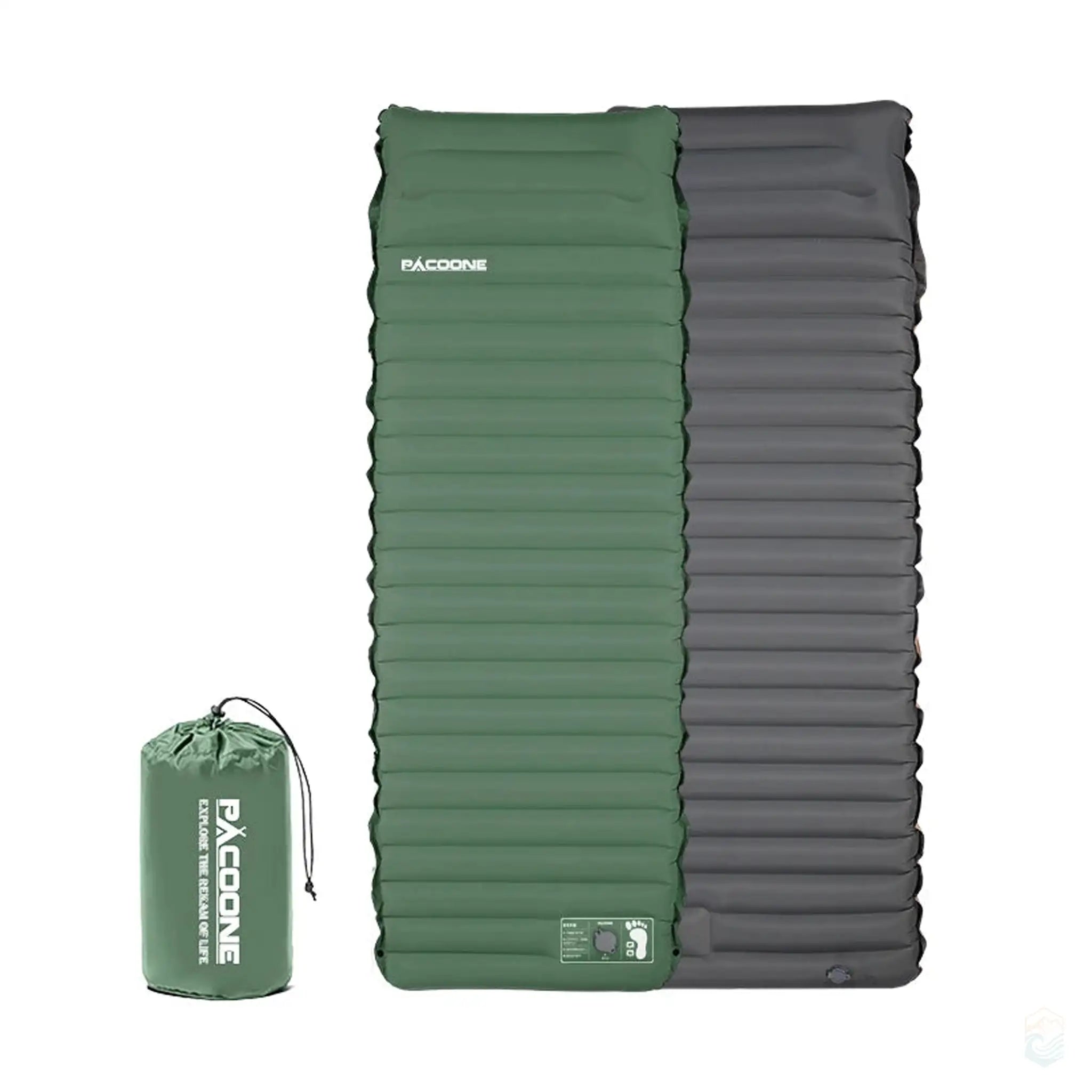 Green Pacoone 4-inch thick camping air mattress with built-in pump and pillow, showing both front and back views, alongside a compact storage bag.