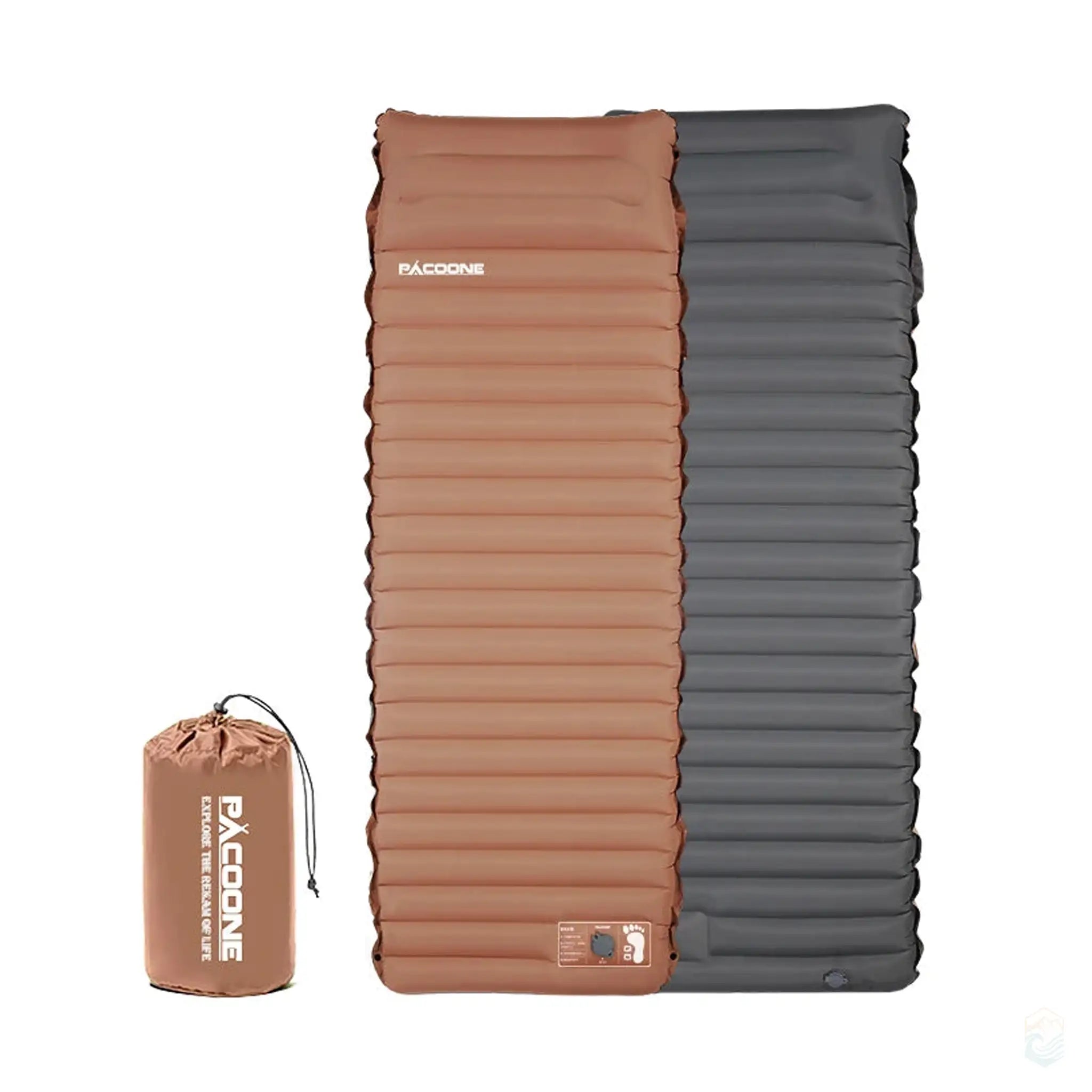 Khaki Pacoone 4-inch thick camping air mattress with built-in pump and pillow, showing both front and back views, alongside a compact storage bag.