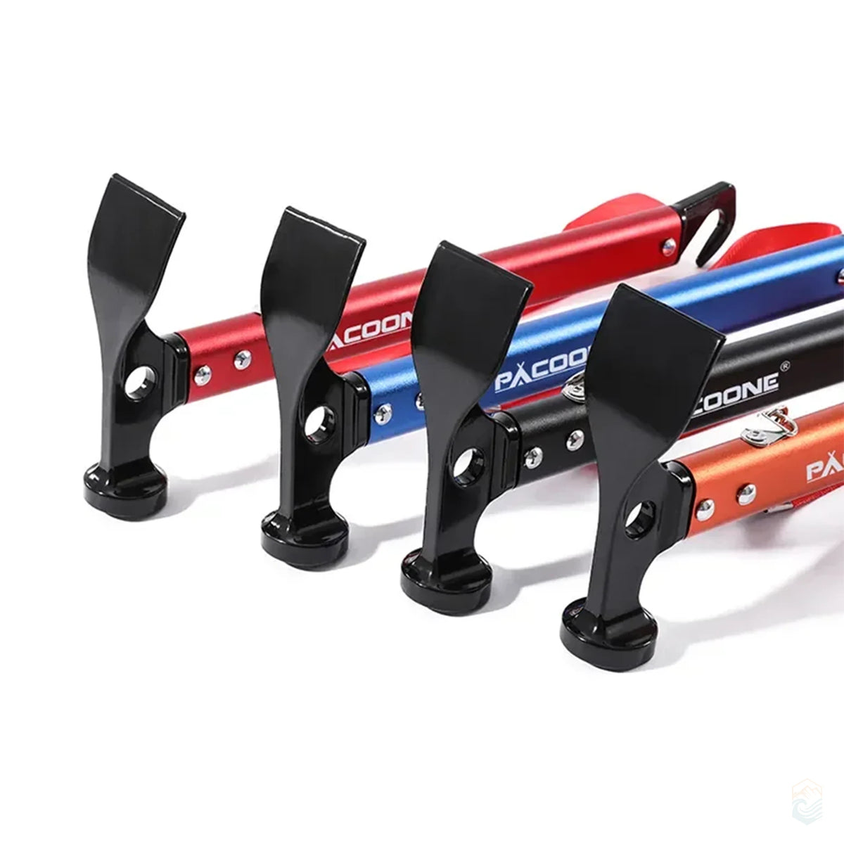 Lineup of Pacoone camping hammer multi-tools in red, blue, black, and orange, showcasing the black striking heads, riveted bodies, and angled stake puller design