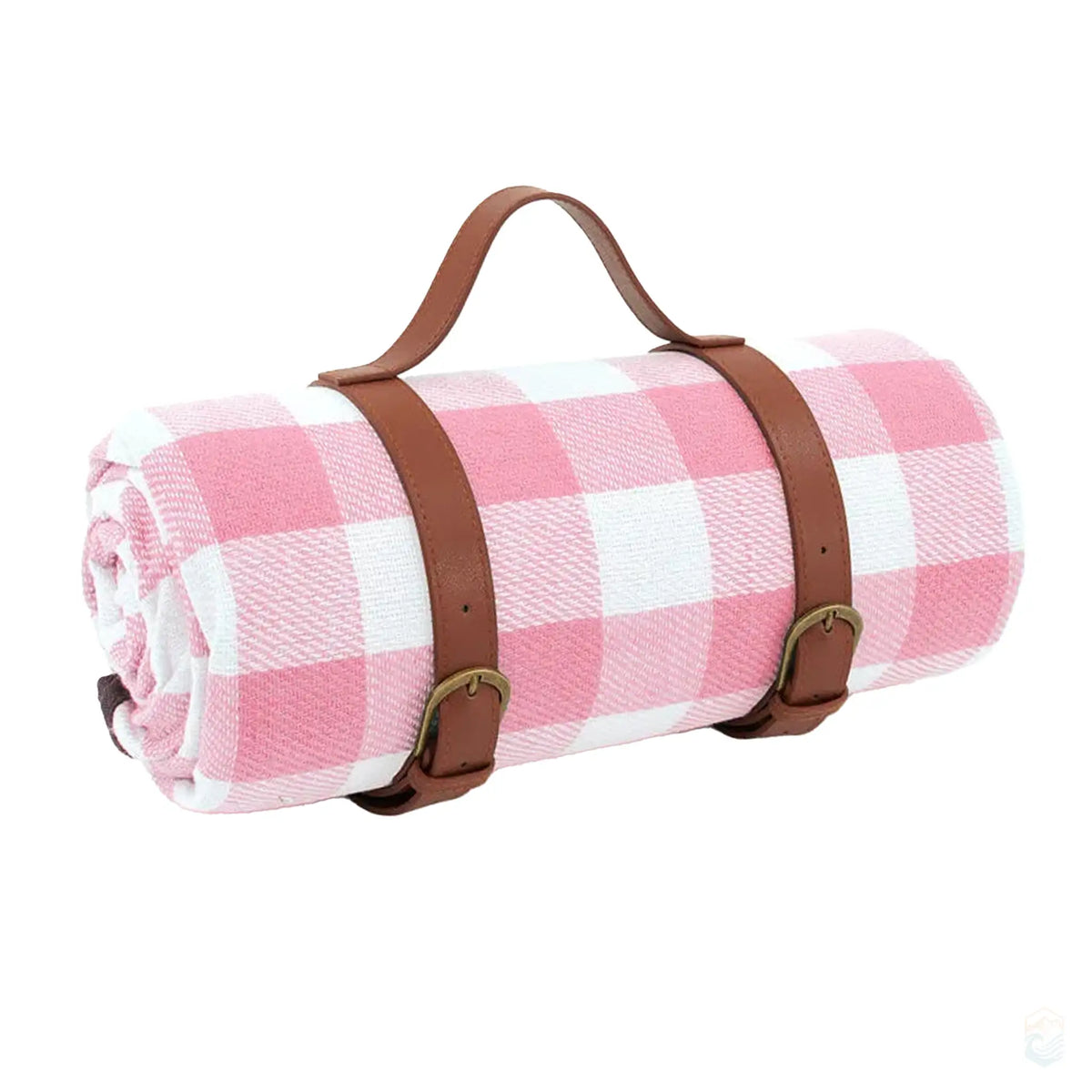 Pink checkered picnic blanket rolled up with brown leather straps, showcasing a charming and portable design ideal for outdoor gatherings.