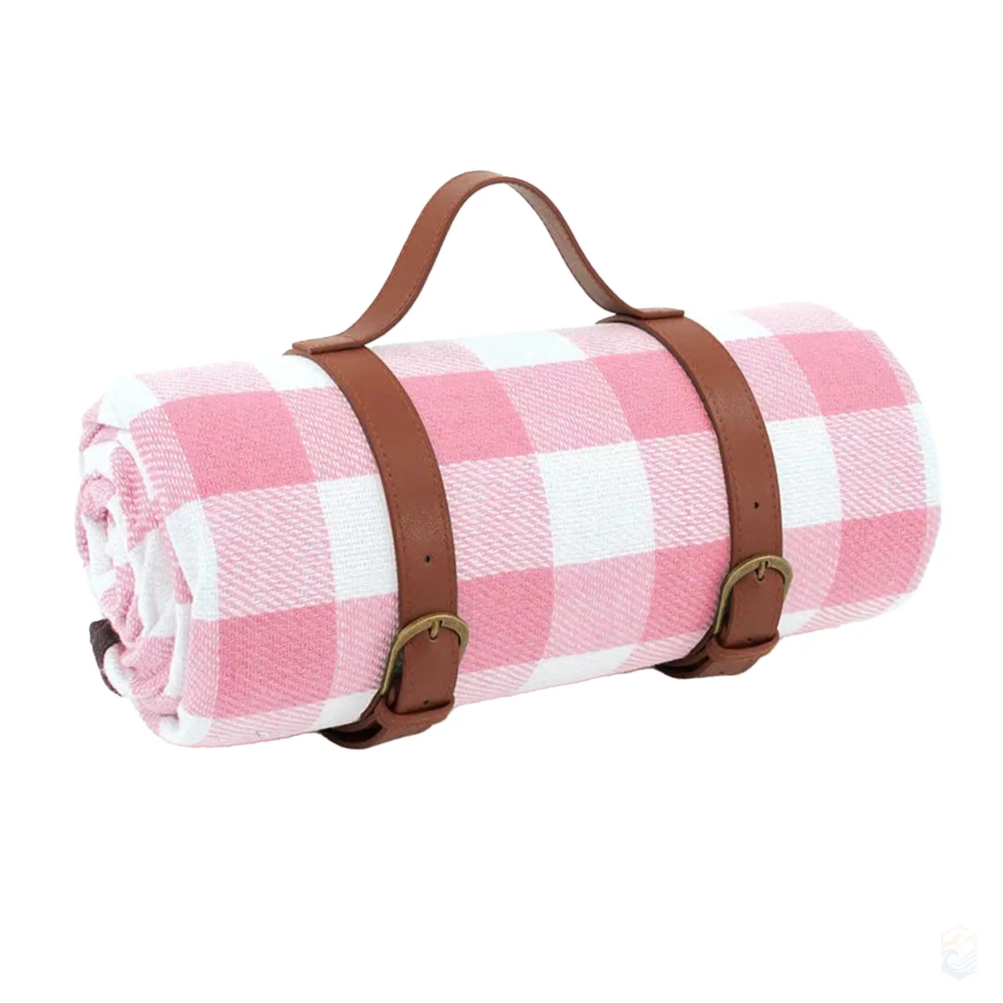 Pink checkered picnic blanket rolled up with brown leather straps, showcasing a charming and portable design ideal for outdoor gatherings.