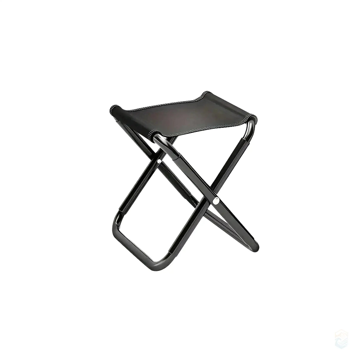 Portable lightweight folding chair in a full fold, black seat and legs, shown from a different angle for outdoor seating.