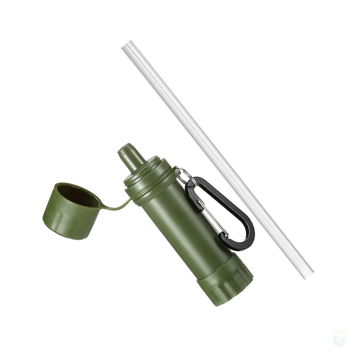 Side view of an army green portable water filter with cap open, attached carabiner, and a straw positioned beside it, designed for clean drinking water during outdoor activities like hiking and camping.