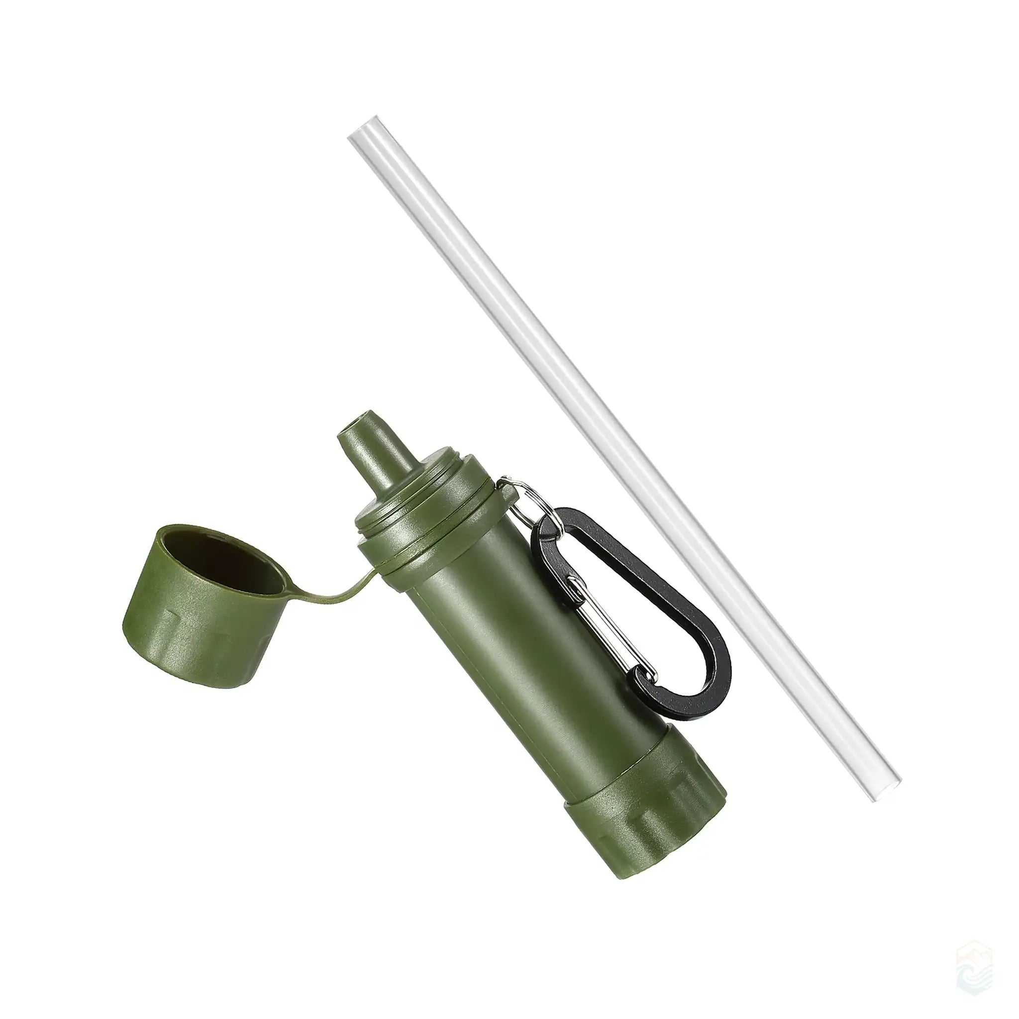 Side view of an army green portable water filter with cap open, attached carabiner, and a straw positioned beside it, designed for clean drinking water during outdoor activities like hiking and camping.