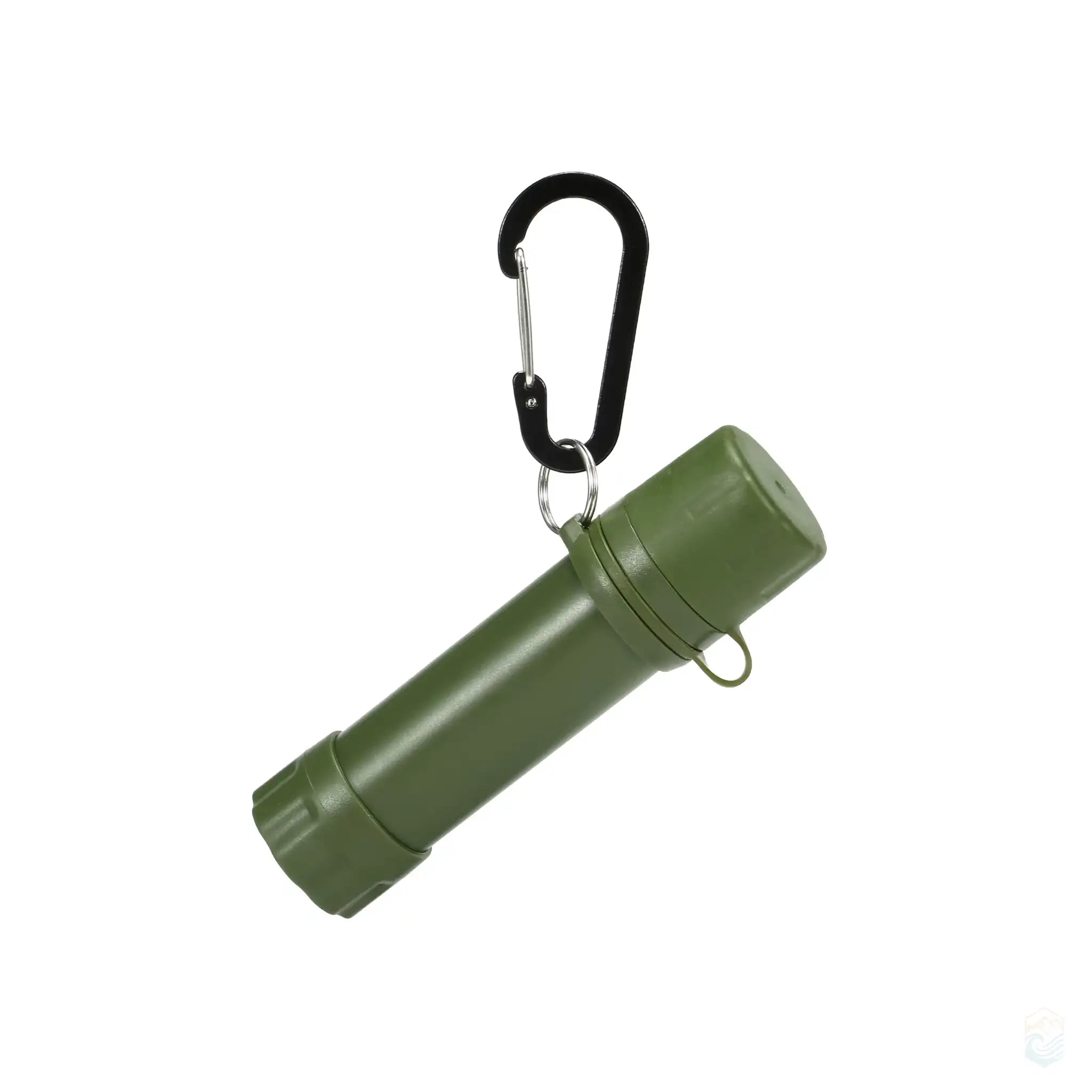 Army green portable water filter with a closed cap and attached carabiner, suitable for camping and outdoor activities.
