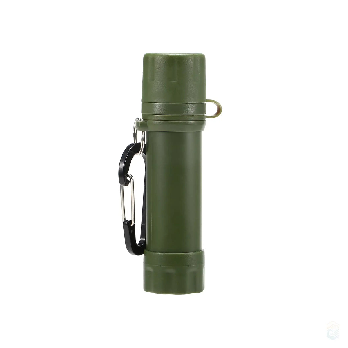 Army green portable water filter with a closed cap and attached carabiner, ideal for outdoor activities such as hiking and camping.