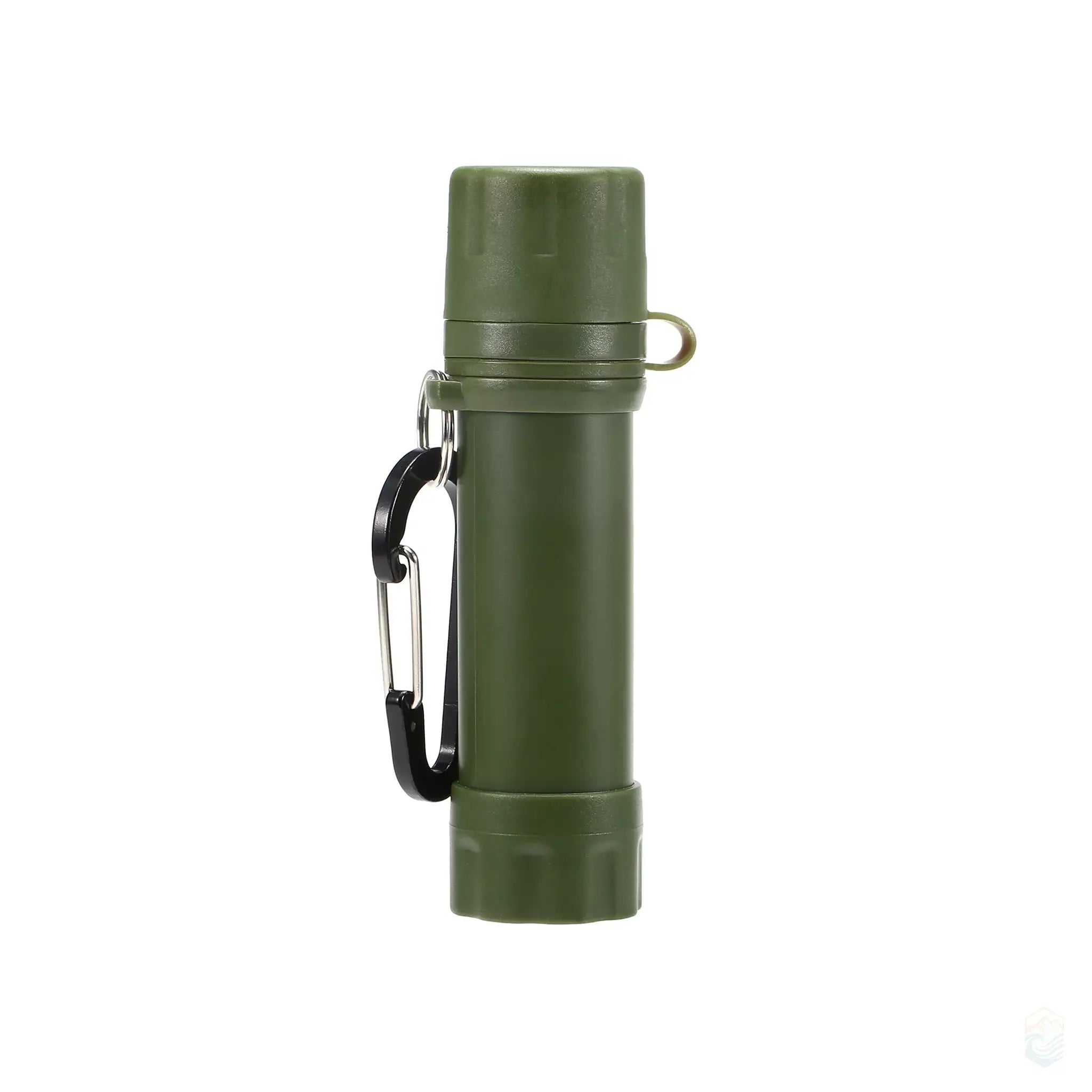 Army green portable water filter with a closed cap and attached carabiner, ideal for outdoor activities such as hiking and camping.