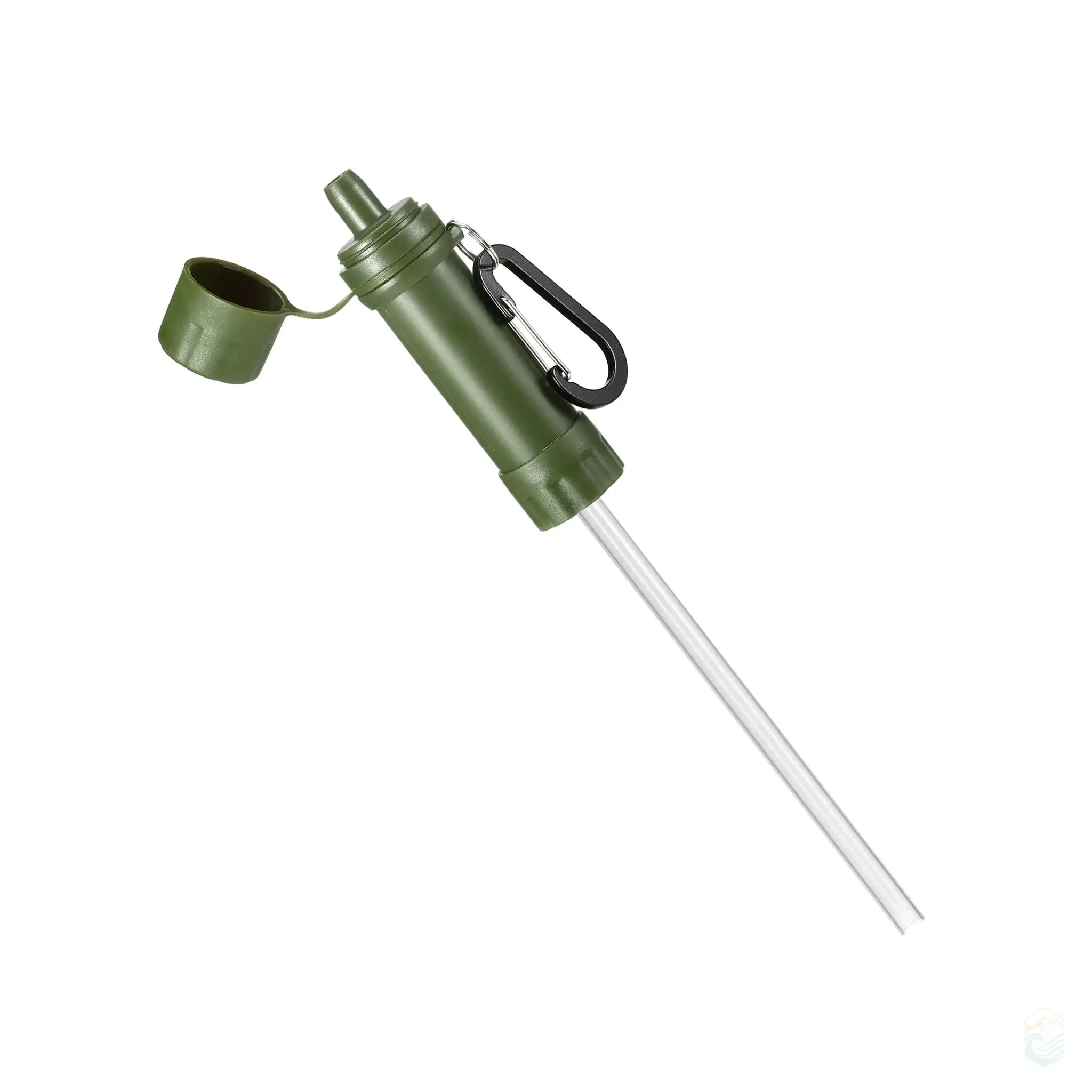 Army green portable water filter with extended straw and carabiner, designed for purifying water during outdoor activities like hiking and camping.