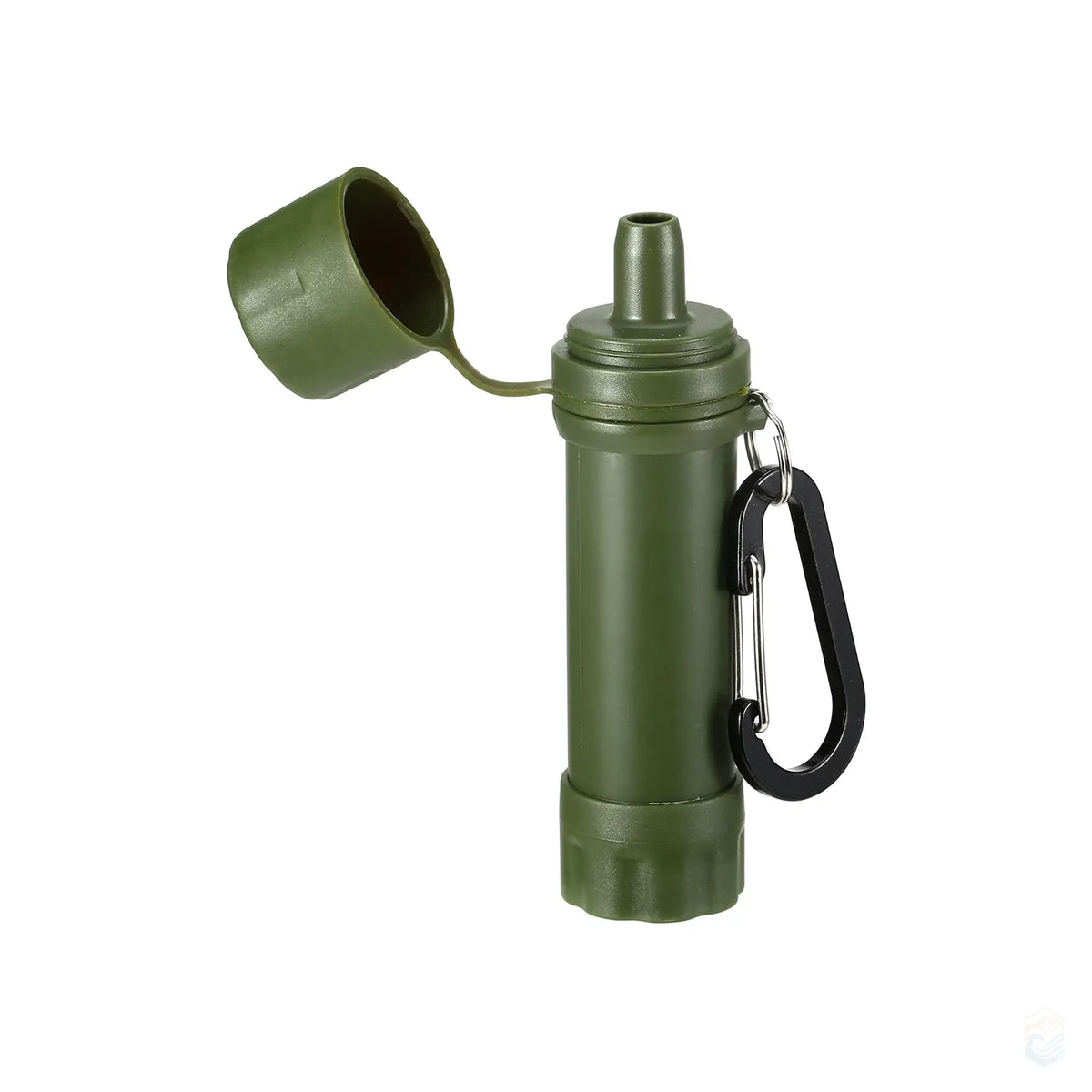 Army green portable water filter with an open cap and attached carabiner, ideal for camping and outdoor survival.