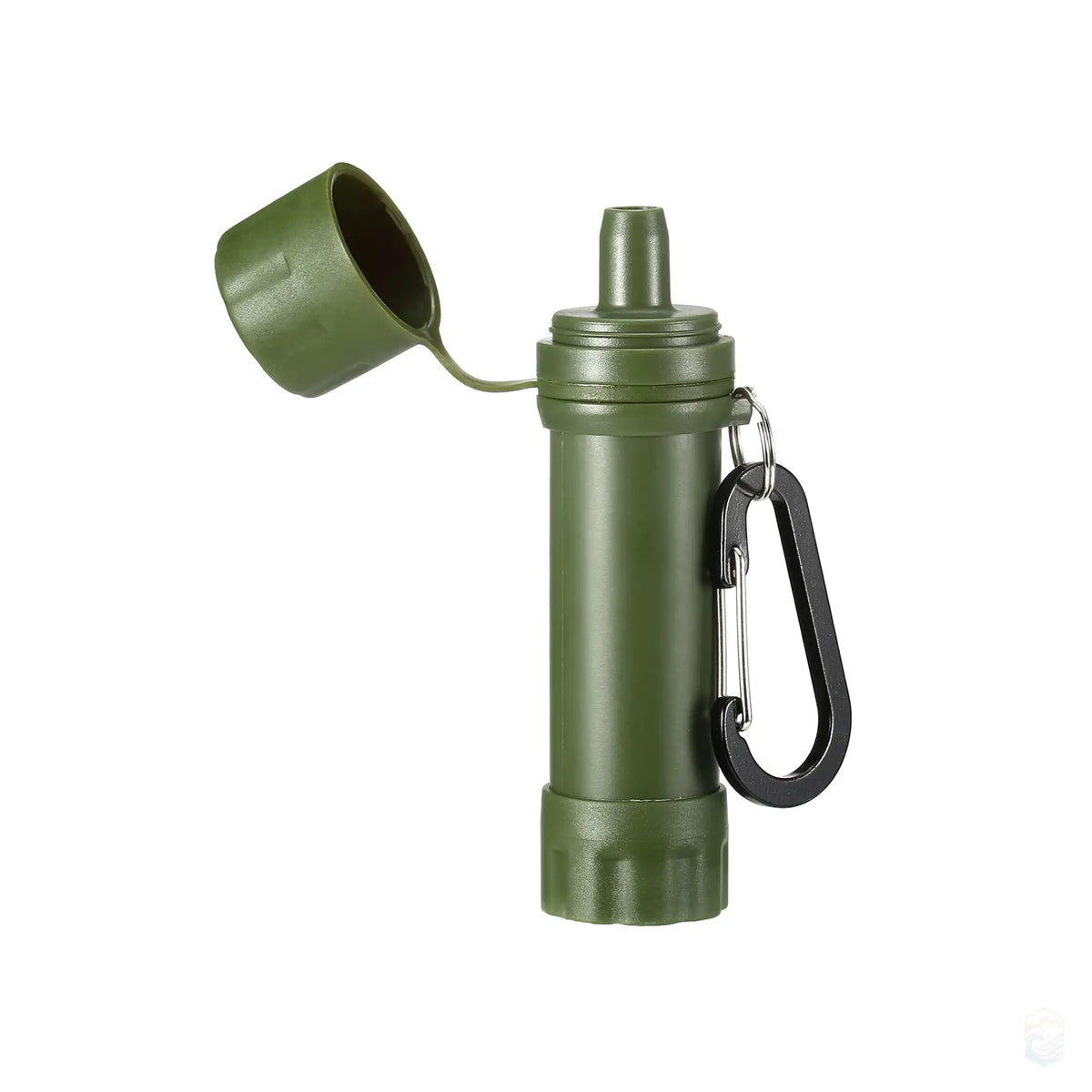 Army green portable water filter with an open cap and attached carabiner, designed for outdoor activities like camping and hiking.
