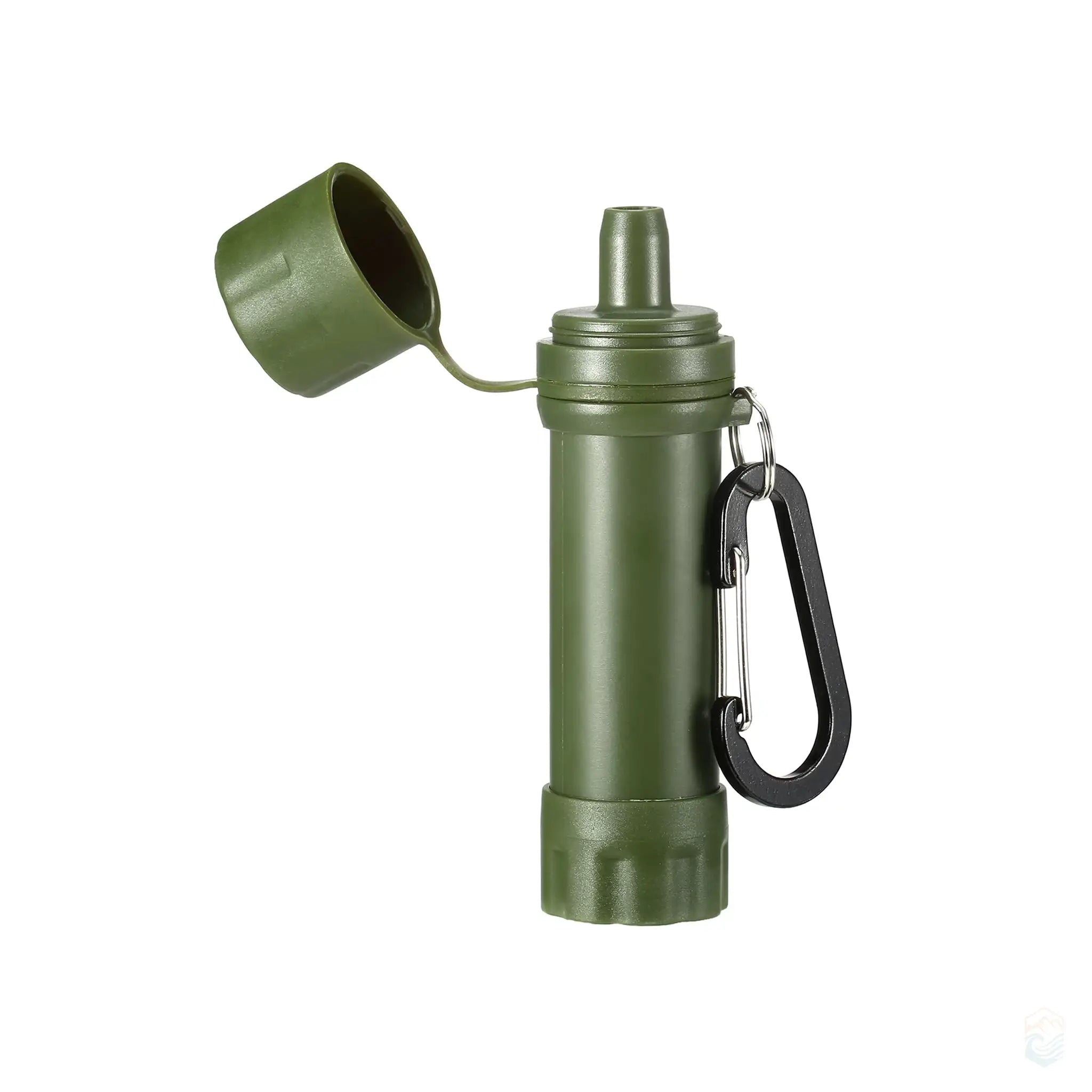 Army green portable water filter with an open cap and attached carabiner, designed for outdoor activities like camping and hiking.