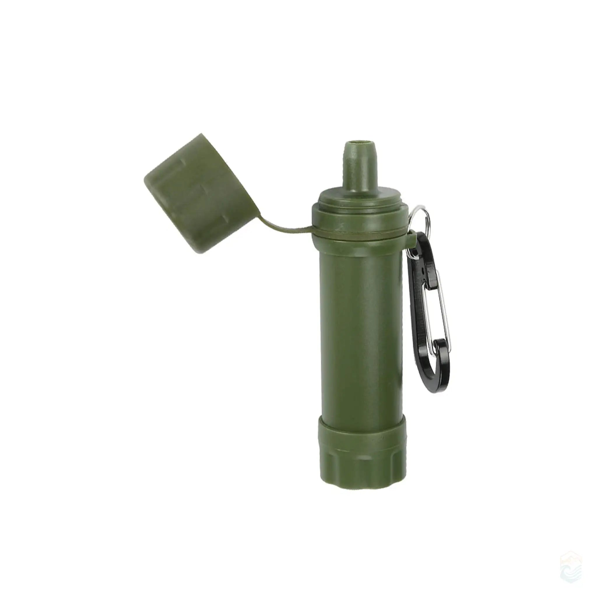 Army green portable water filter with cap open, carabiner attached, and a straw beside it, designed for outdoor activities like hiking and camping to provide clean drinking water from natural sources.