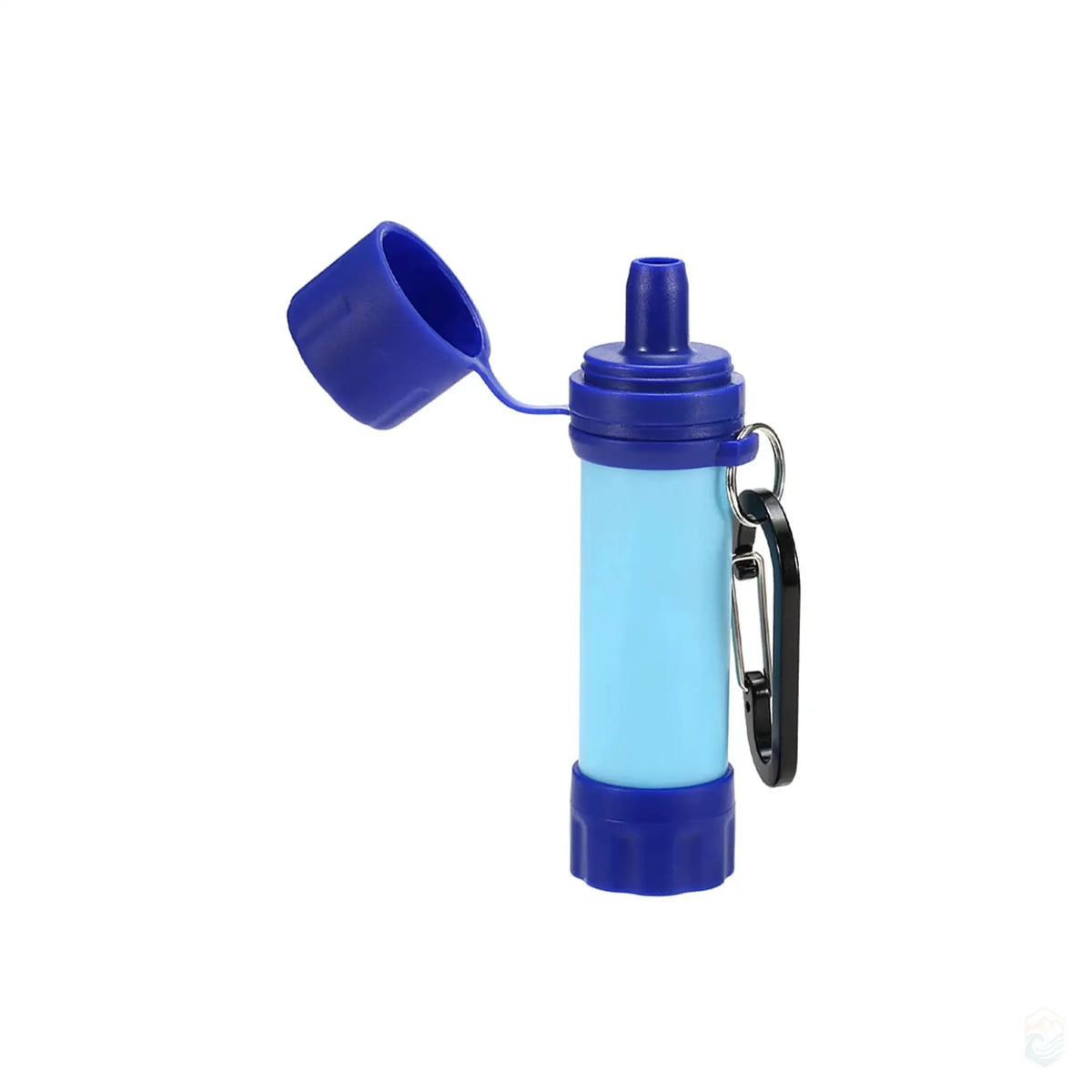 Blue portable water filter with cap open, carabiner attached, and a straw beside it, designed for outdoor activities like hiking and camping to provide clean drinking water from natural sources.