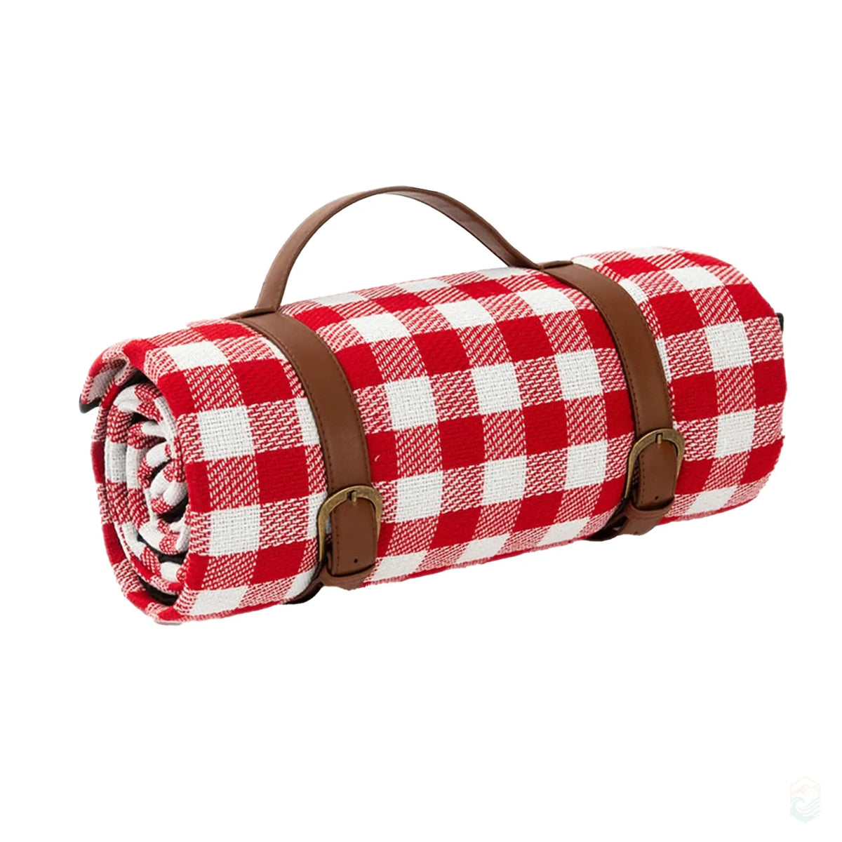 Red checkered picnic blanket rolled up with brown leather straps, featuring a classic design for outdoor use.