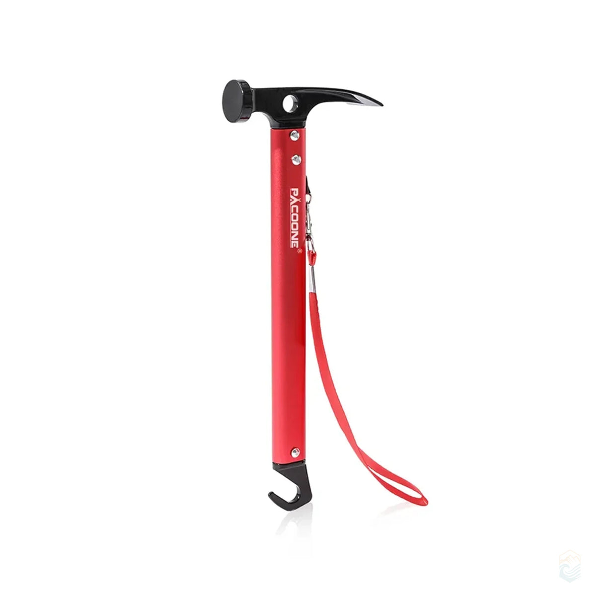 Red Pacoone multi-use camping hammer tool featuring a steel striking head, claw end for pulling stakes, and safety wrist strap for secure handling