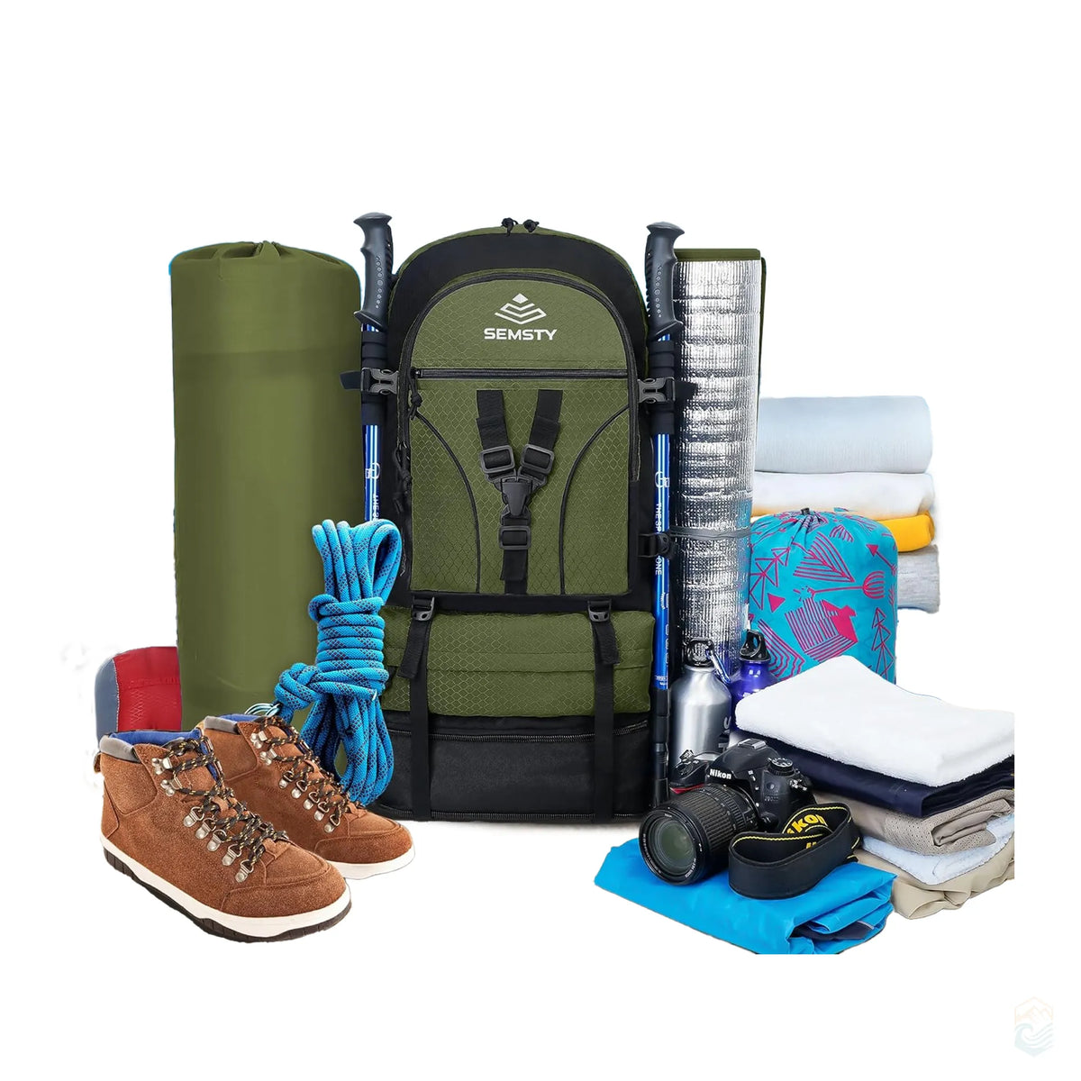 Semsty 50L green expandable hiking backpack displayed outdoors on a rocky ledge surrounded by essential camping and travel gear including boots, rope, camera, rolled mat, water bottles, towels, and a sleeping bag, emphasizing its large capacity and suitability for adventure and multi-day trips.