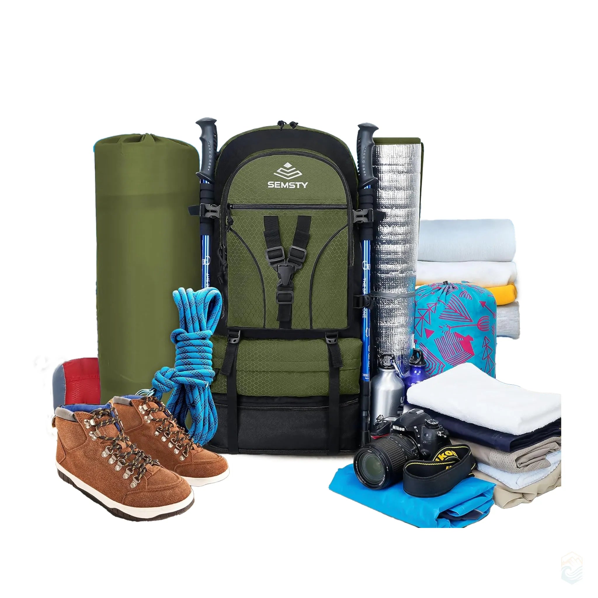 Semsty 50L green expandable hiking backpack displayed outdoors on a rocky ledge surrounded by essential camping and travel gear including boots, rope, camera, rolled mat, water bottles, towels, and a sleeping bag, emphasizing its large capacity and suitability for adventure and multi-day trips.