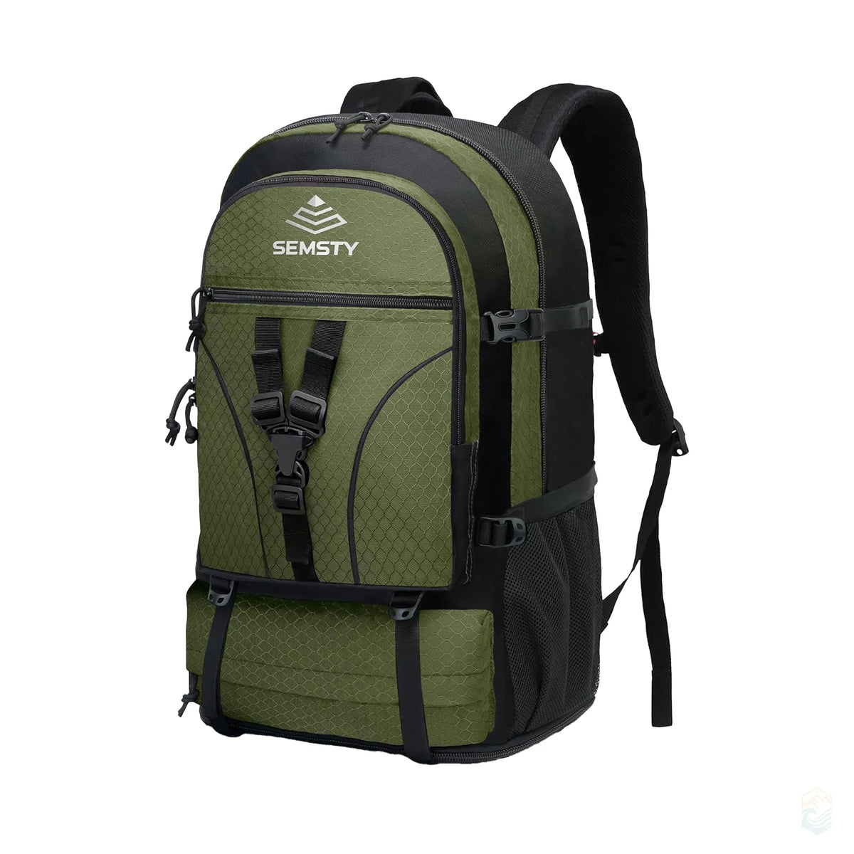 Front close-up of the Semsty expandable hiking backpack in green and black, showing the main zippered compartments, adjustable buckle straps, breathable mesh side pockets, and contoured shoulder padding.