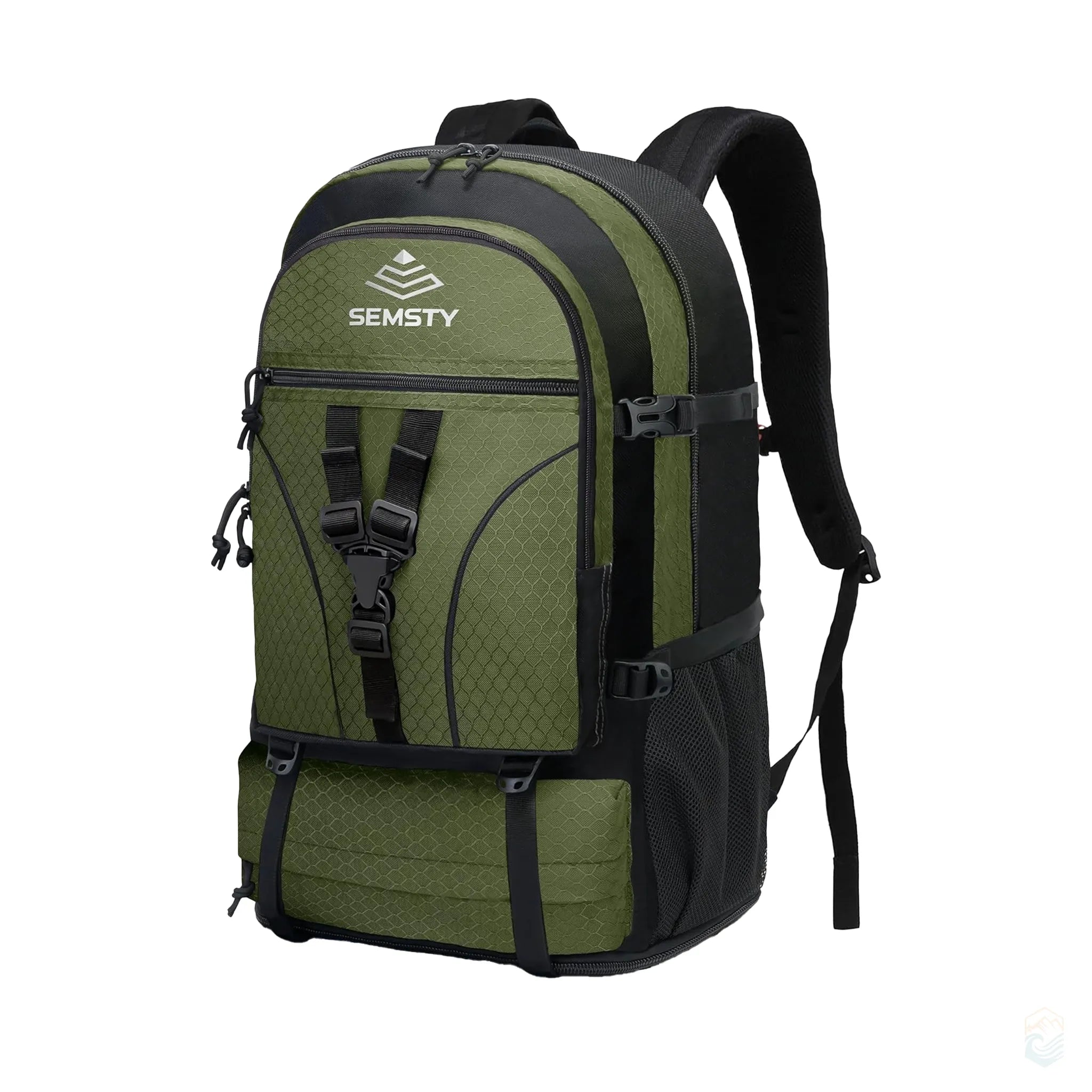 Front close-up of the Semsty expandable hiking backpack in green and black, showing the main zippered compartments, adjustable buckle straps, breathable mesh side pockets, and contoured shoulder padding.