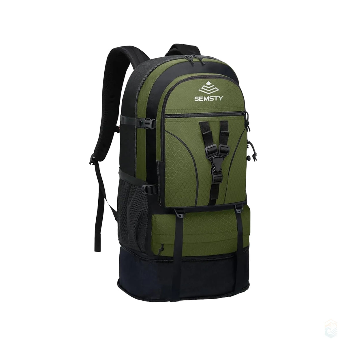 Semsty green expandable hiking backpack with 50L expanded size. Features include side mesh pockets, front buckle straps, and an expandable bottom pocket that increases the capacity by 10L when unzipped.