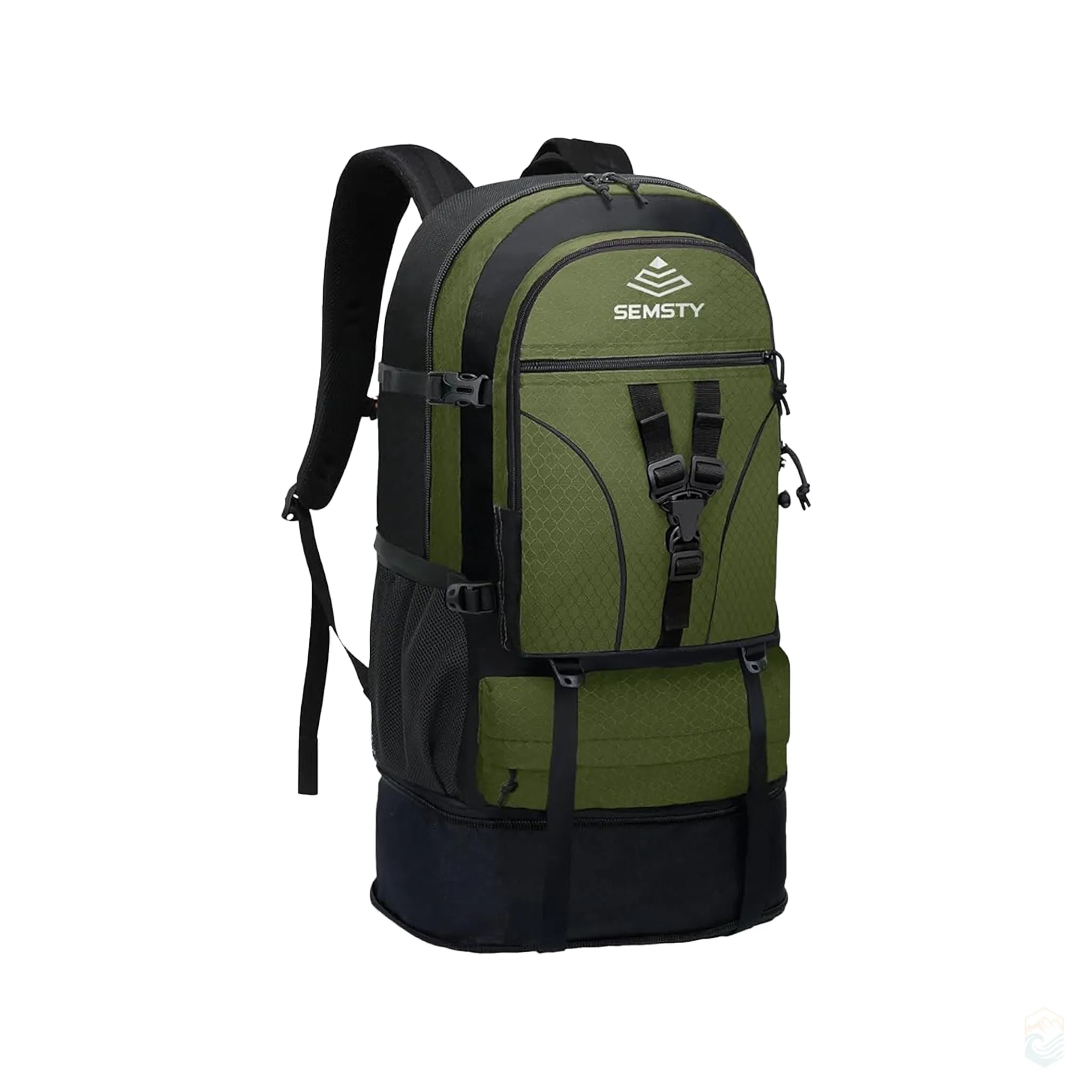 Semsty green expandable hiking backpack with 50L expanded size. Features include side mesh pockets, front buckle straps, and an expandable bottom pocket that increases the capacity by 10L when unzipped.
