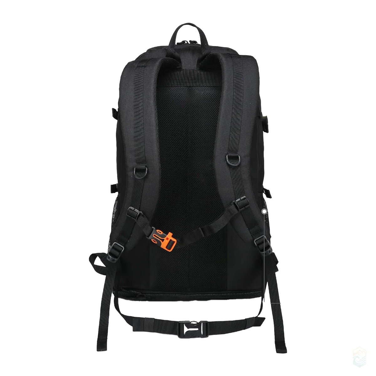 Rear view of the Semsty expandable hiking backpack in green showing ergonomic back panel features. Highlights include breathable padded shoulder straps, an adjustable sternum strap with emergency whistle, D-ring for gear attachment, external suspension strap, mesh side pockets for water bottles, and a secure waist buckle for added support.