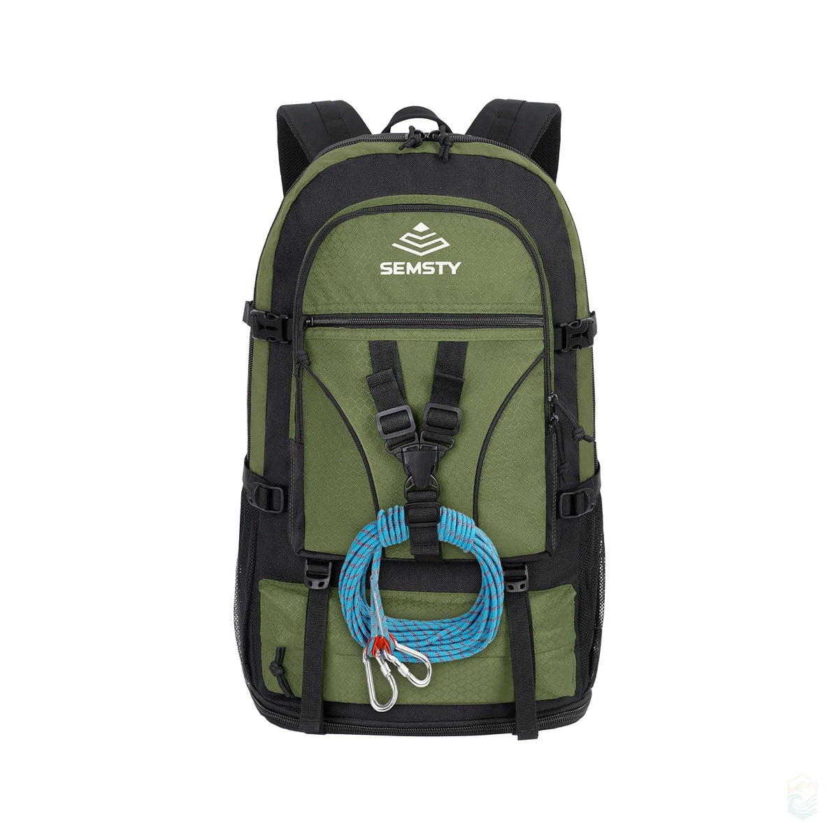 Front view of the Semsty expandable green hiking backpack showing internal and external pocket organization. Callouts highlight main compartment for laptop and clothes, middle pocket for tablet or wallet, front pocket for snacks, and bottom pocket for small items. A coiled climbing rope is attached to the front daisy chain system.