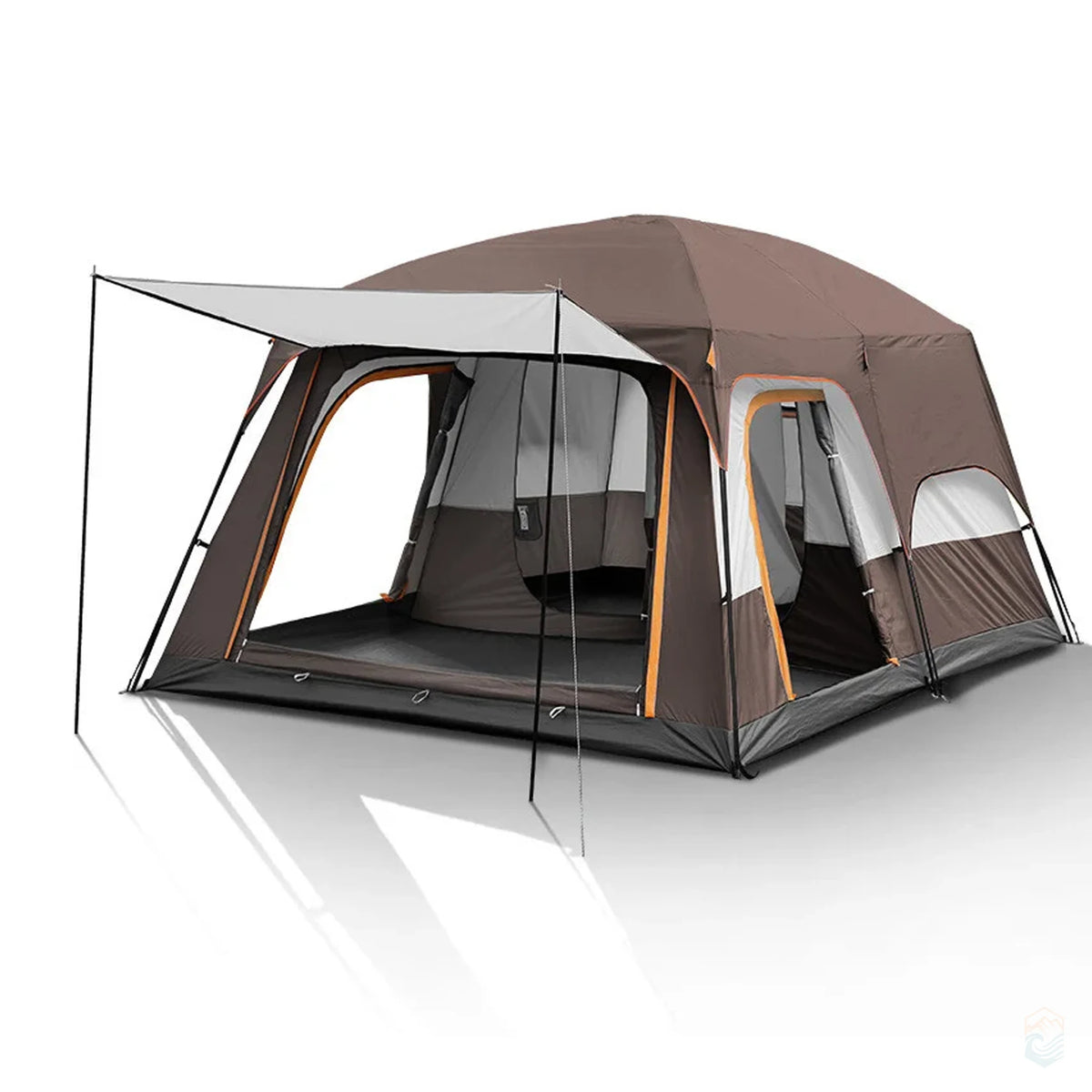 Sonuto brown double-layer family camping tent with awning, spacious interior, and two separate room entrances shown on white background