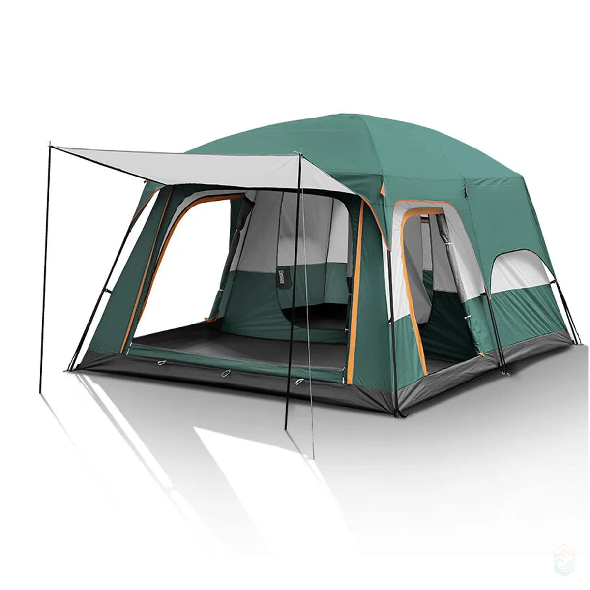 Sonuto green double-layer family camping tent with front awning, two rooms, and large mesh windows displayed on a white background