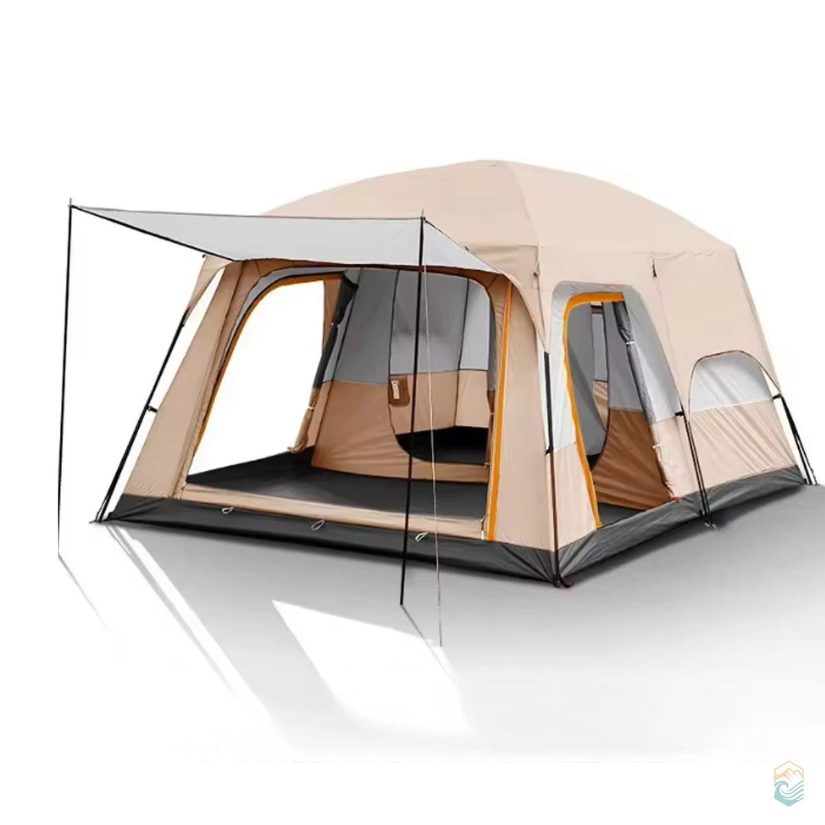 Sonuto khaki double-layer family camping tent with two rooms, front awning, and mesh windows shown on a white background
