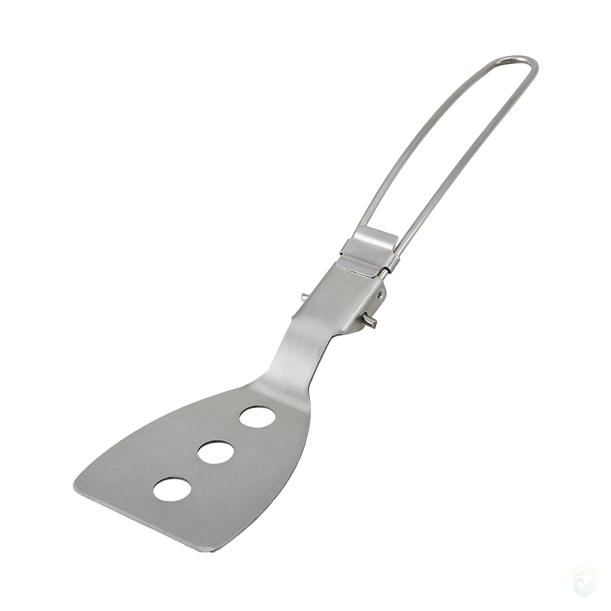 Stainless steel folding spatula with three ventilation holes and a collapsible wire handle, designed as a lightweight and portable cooking utensil for camping and outdoor use