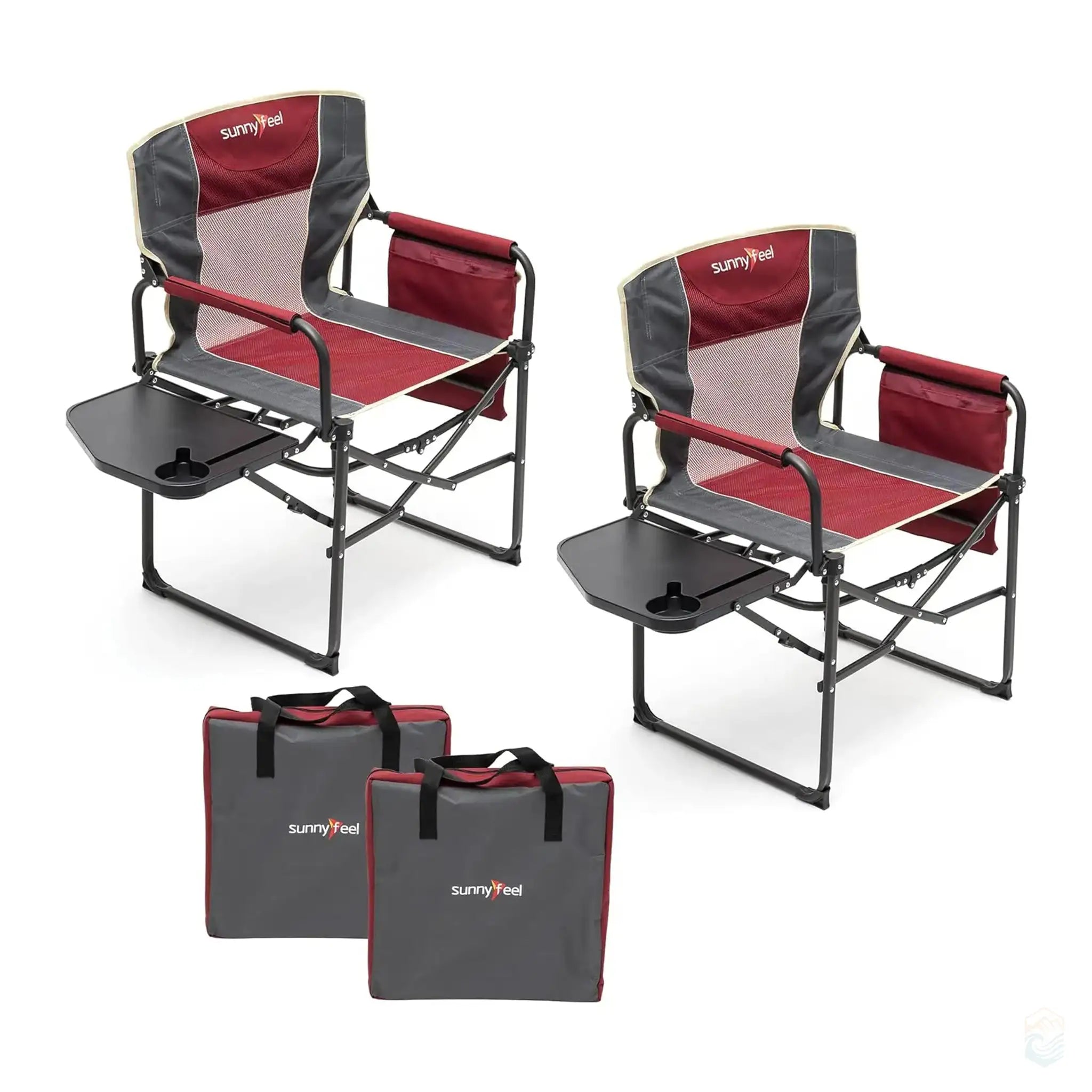 Two SunnyFeel heavy-duty folding camping director's chairs with side tables and storage pockets, shown with matching carrying bags.