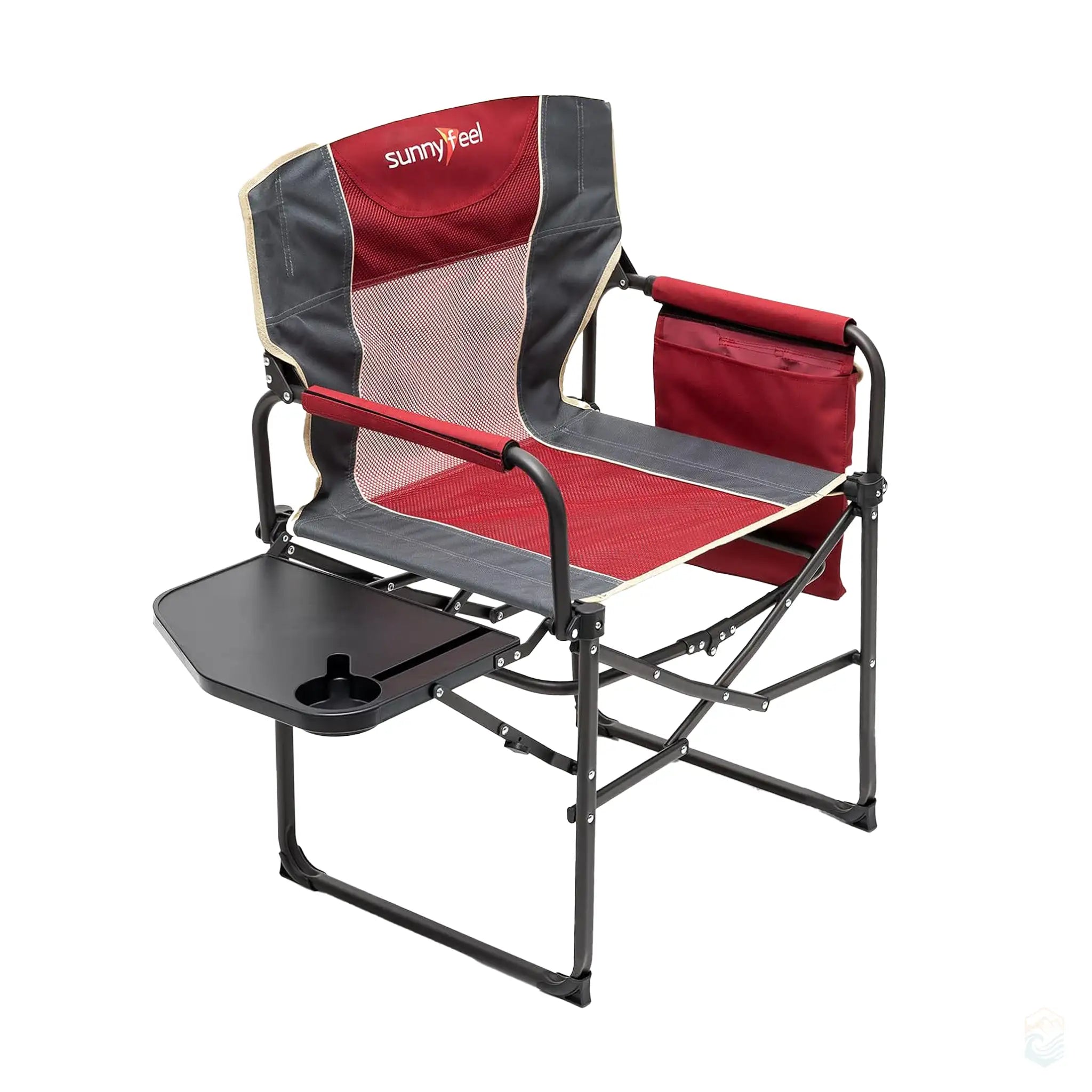 SunnyFeel heavy duty folding camping director's chair in red with side table and storage pocket, accompanied by its carrying case.