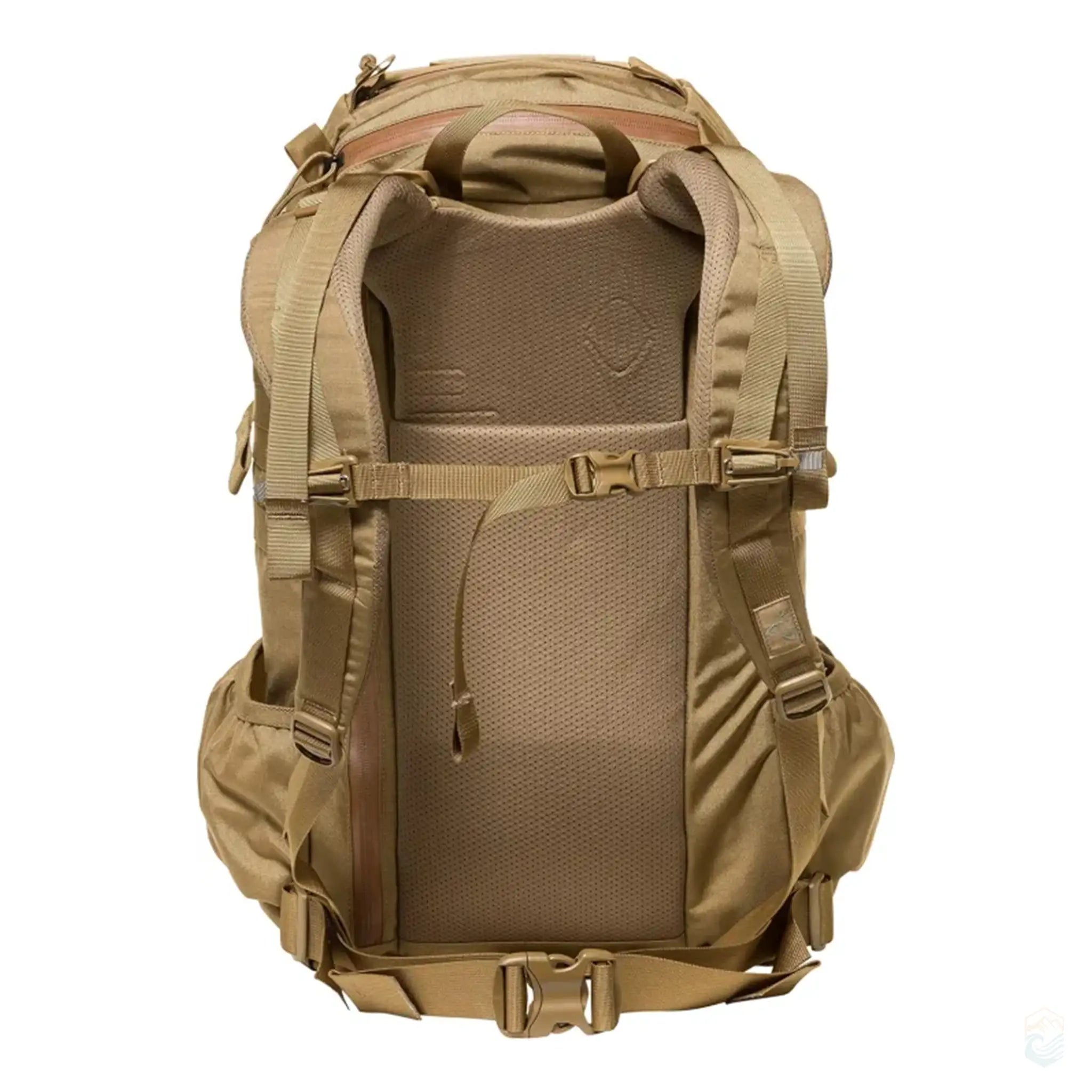 Back view of the tan Mystery Ranch hiking backpack, featuring padded, breathable mesh back support, adjustable shoulder straps, and a sturdy waist belt for enhanced comfort during outdoor hikes and long trips.