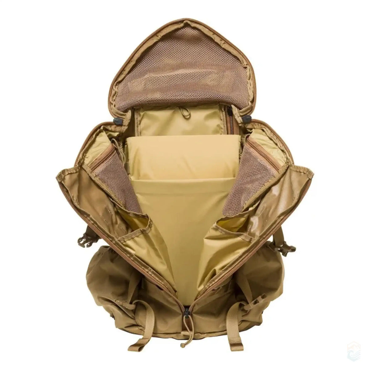 Open view of the tan Mystery Ranch hiking backpack, showcasing the spacious main compartment with inner mesh pockets, padded storage for electronic devices, and a well-organized interior designed for efficient packing during outdoor adventures.