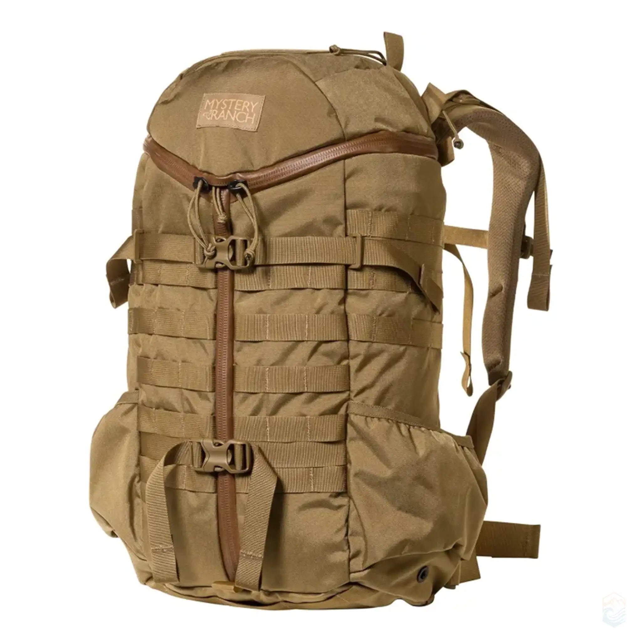 Tan Mystery Ranch outdoor hiking backpack with a durable, water-resistant design featuring multiple MOLLE straps, a front zipper, and adjustable padded shoulder straps for comfortable carrying.