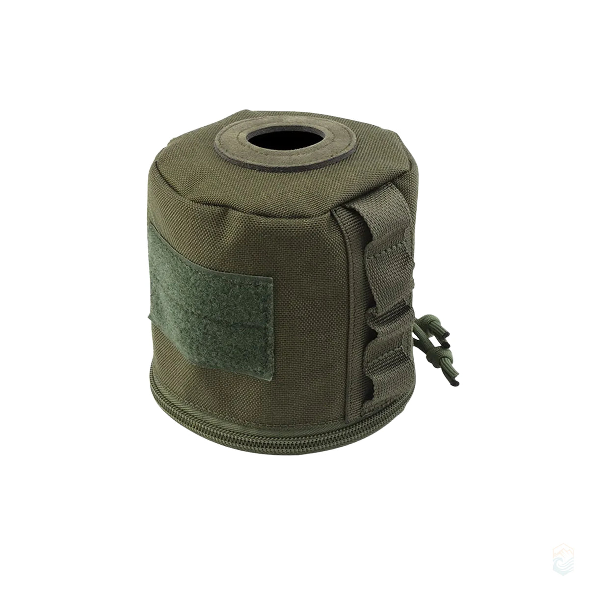 Army green MOLLE-style camping toilet paper holder with top tissue slot, side utility loops, and zippered base for easy roll access