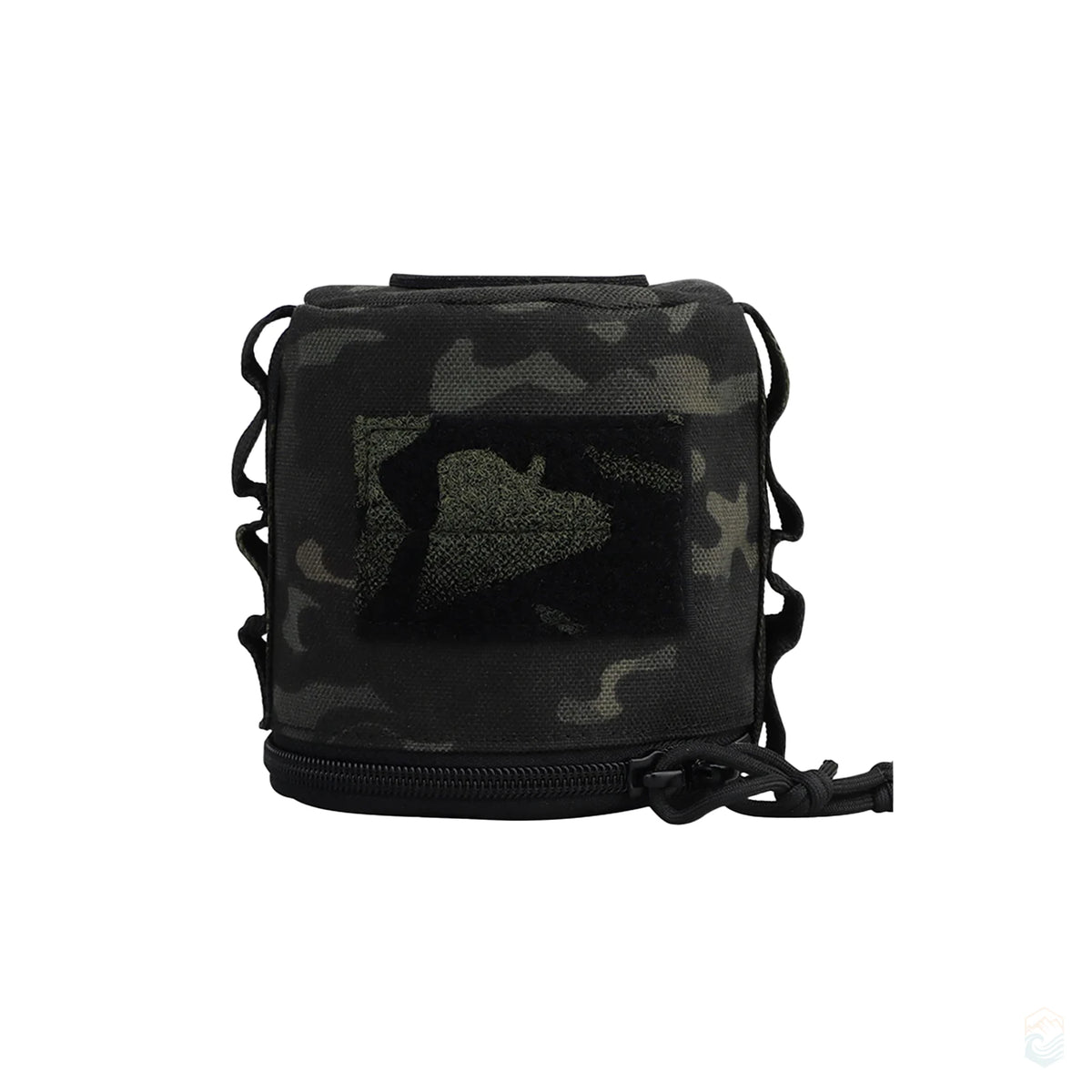 Black camo MOLLE-style portable toilet paper holder pouch with side loops and zippered base, ideal for hiking and outdoor camping setups