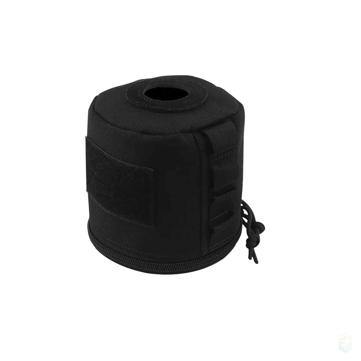 Black MOLLE-style portable toilet paper holder pouch with top tissue dispensing opening and side webbing loops for camping and hiking use