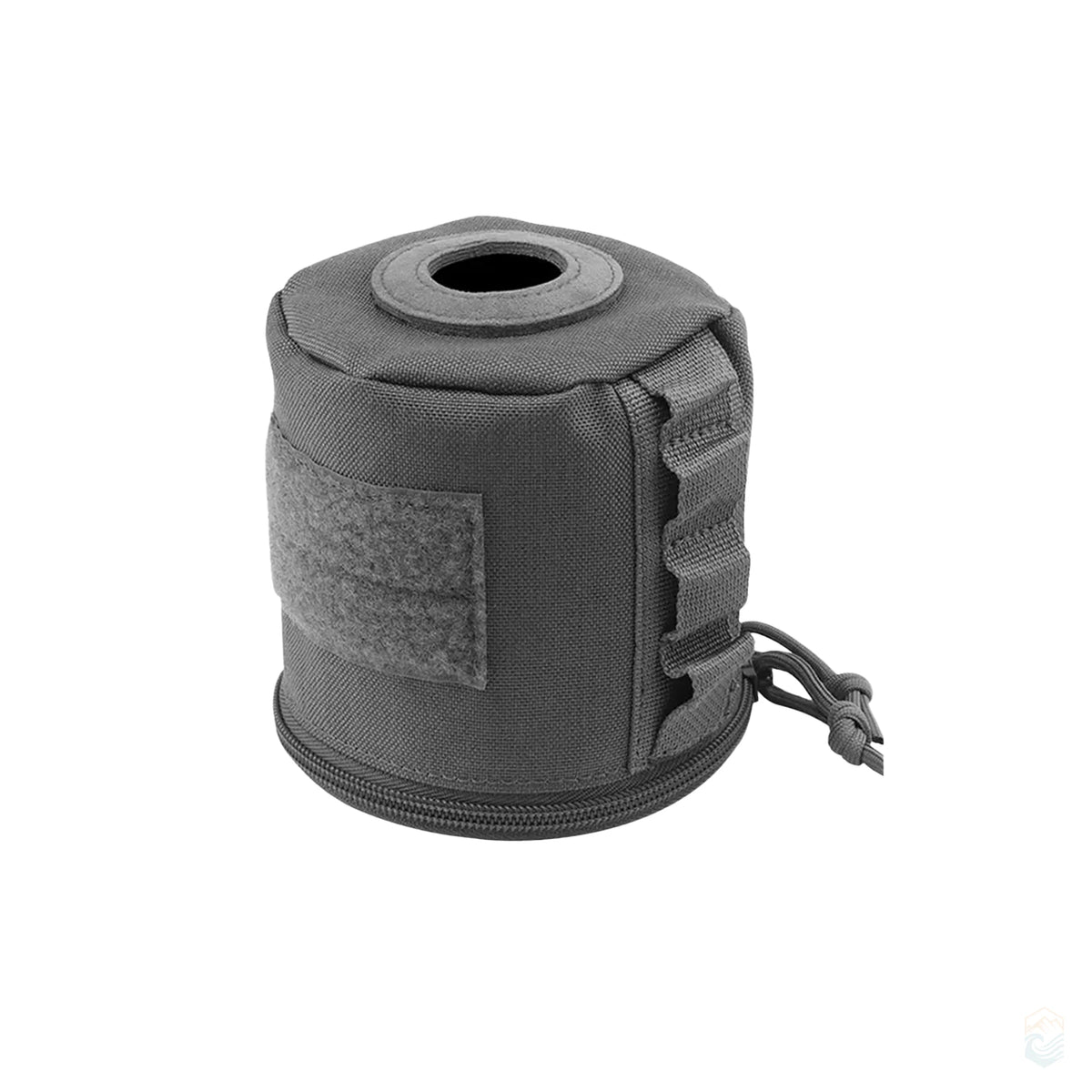 Gray MOLLE-style portable toilet paper holder with top opening, side straps, and zippered base for outdoor camping and hiking use