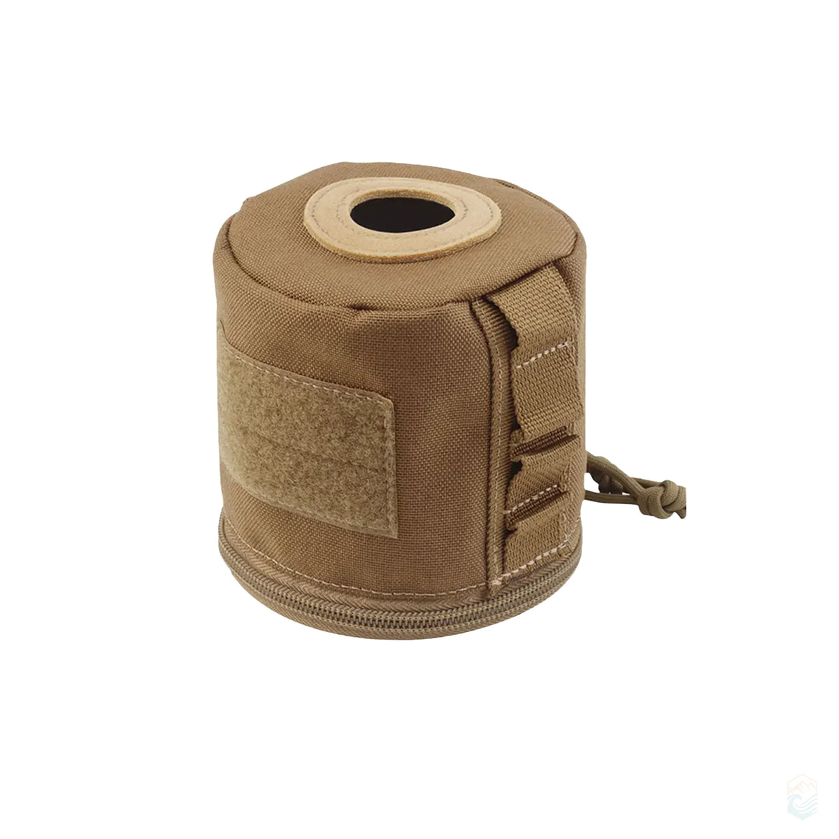 Khaki MOLLE-style toilet paper holder with top dispensing slot, zippered base, and side loops, designed for outdoor camping and hiking use