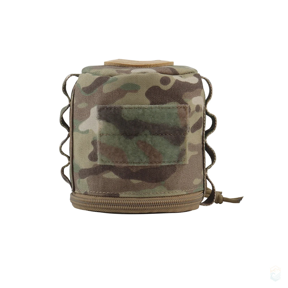 Multi-terrain camo MOLLE-style toilet paper holder with tactical straps and zippered base, ideal for outdoor camping and hiking use